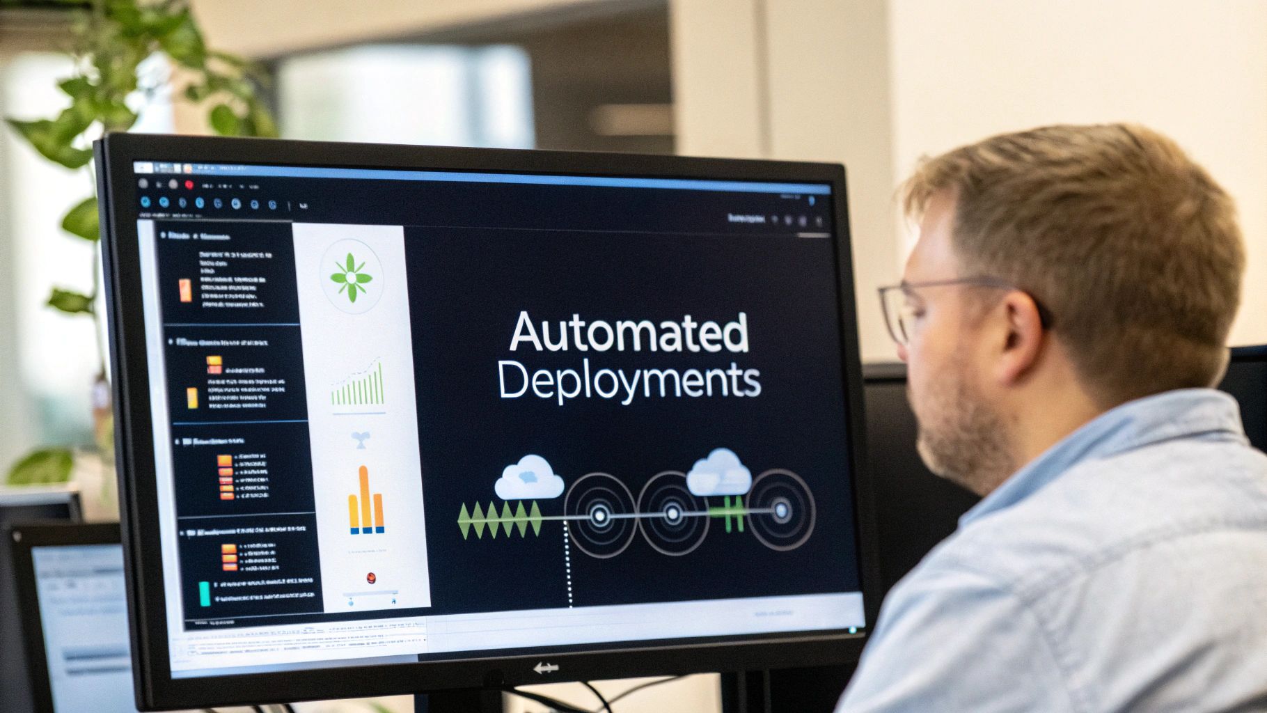 A man in glasses works at a computer, displaying 'Automated Deployments' software on screen.