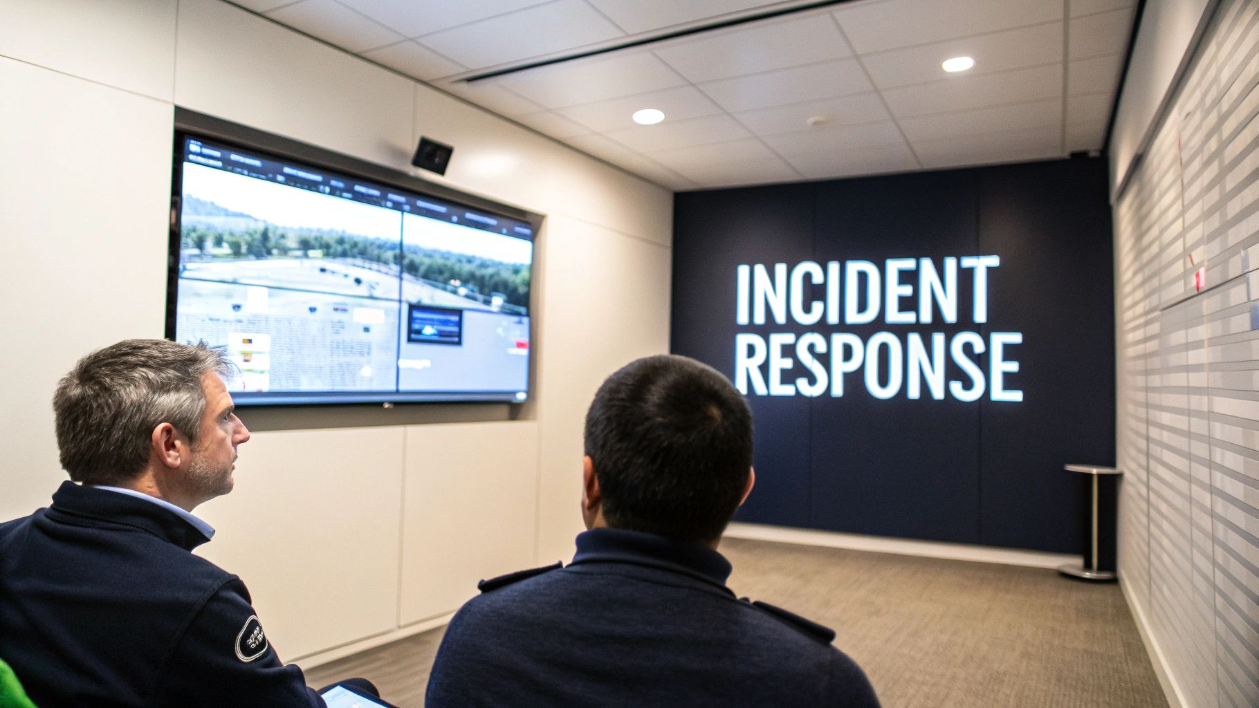 Two professionals in a control room, monitoring incident response screens and data visuals.