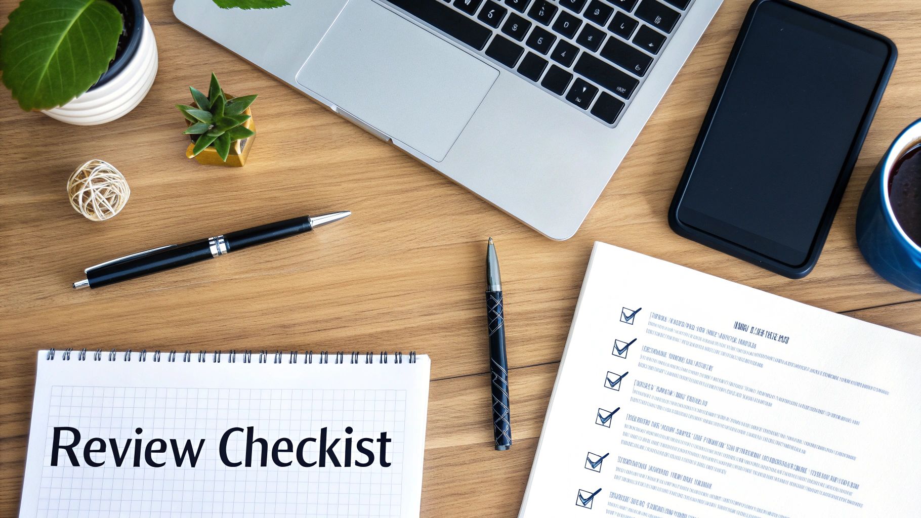 Overhead view of a tidy wooden workspace with a laptop, smartphone, coffee, pens, plants, and a 'Review Checklist' notebook.