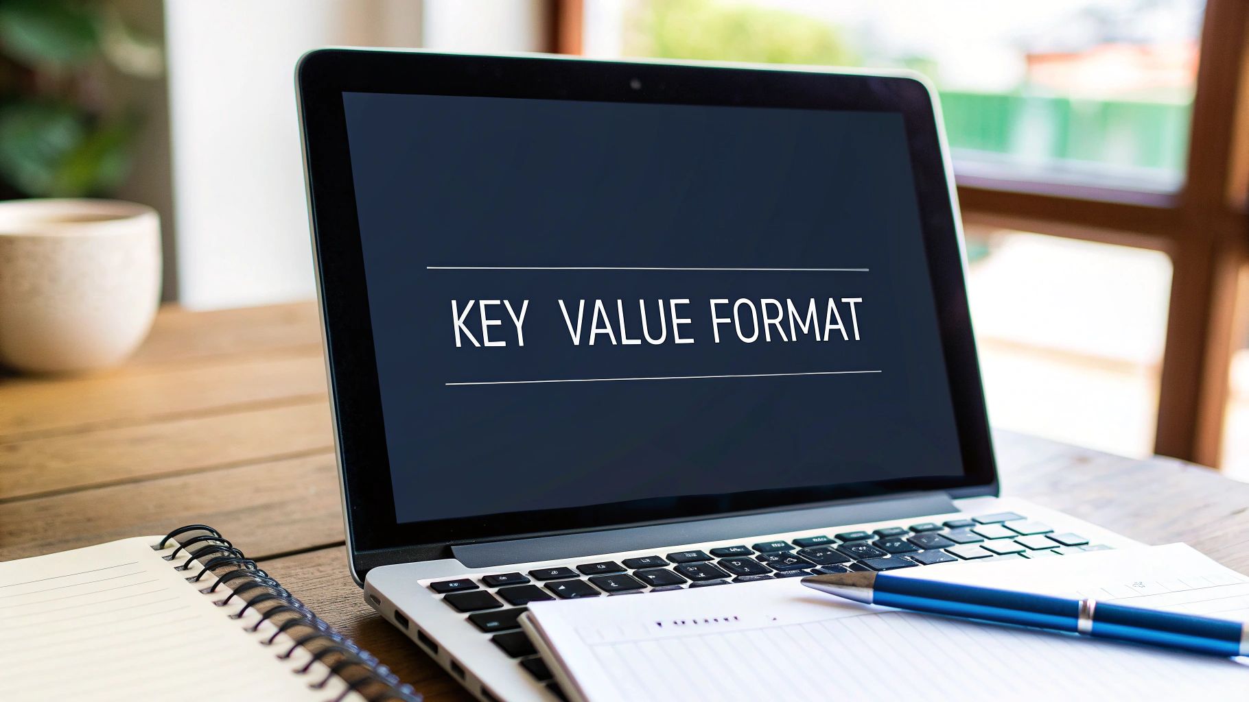 A laptop on a wooden desk displays 'KEY VALUE FORMAT' on its screen, next to a notebook and pen.