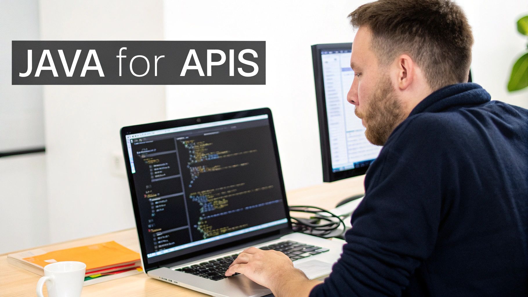 Developer coding Java APIs on a laptop at a desk with a coffee mug.
