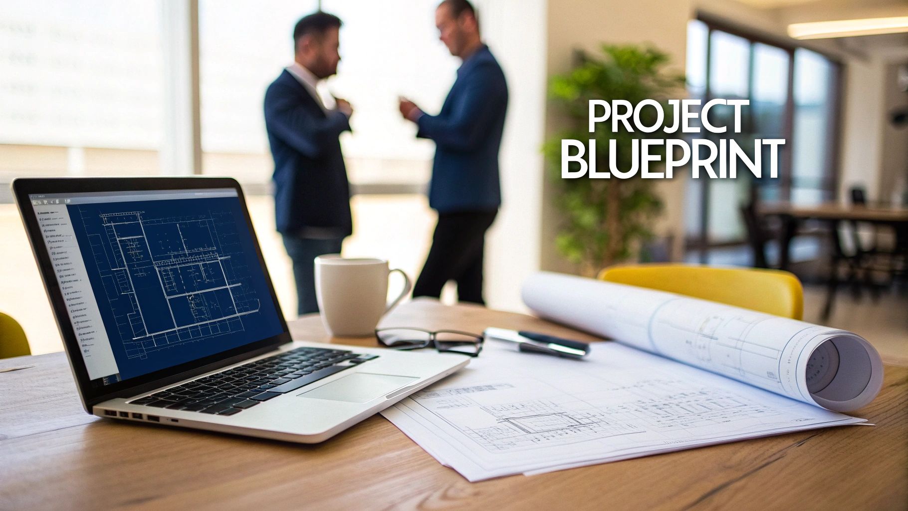 Laptop with digital blueprints, paper architectural plans, coffee, and glasses on a desk. Two professionals chat in the background.