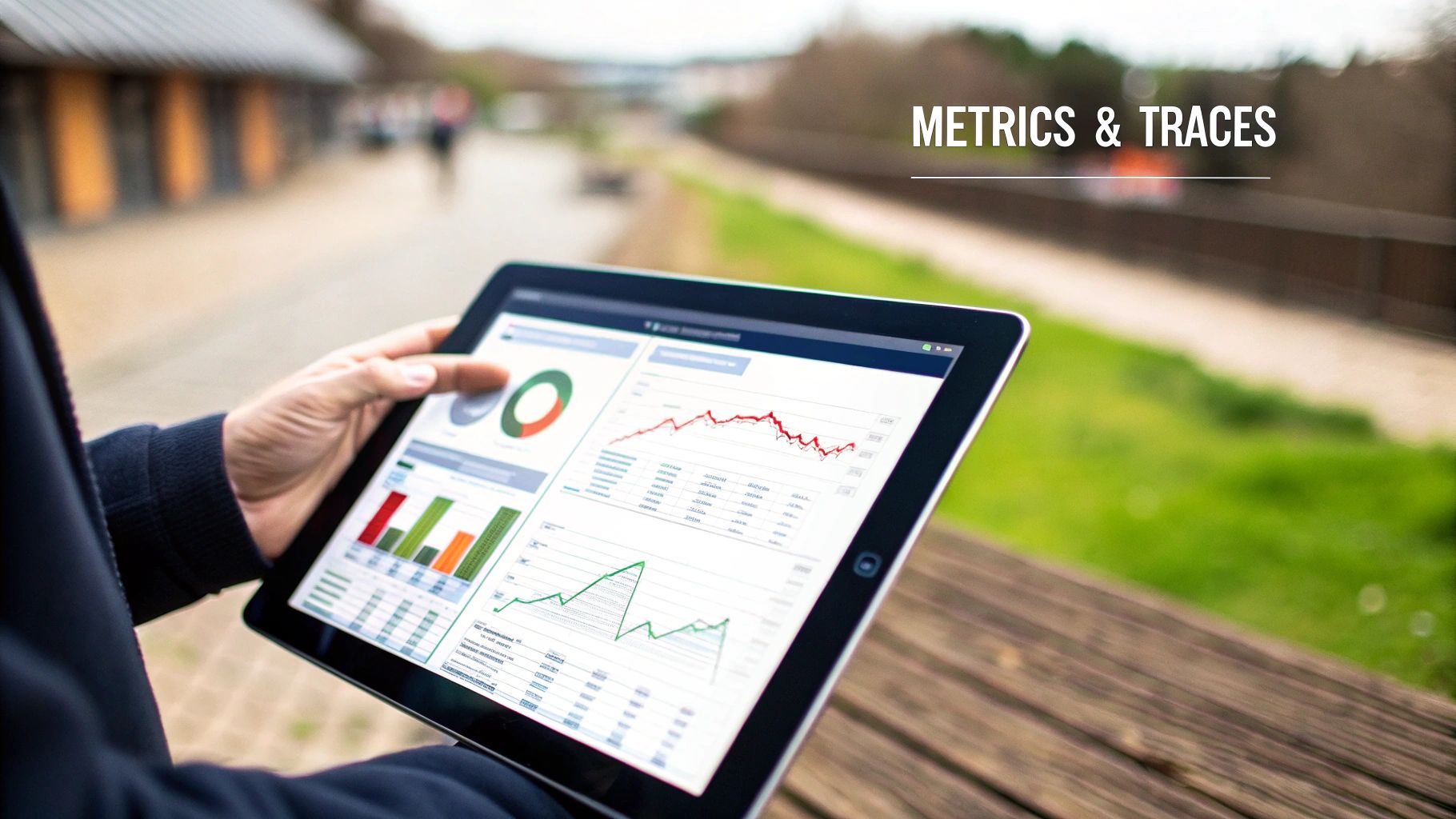 Person outdoors holding a tablet displaying data analytics, metrics, and traces with various charts and graphs.