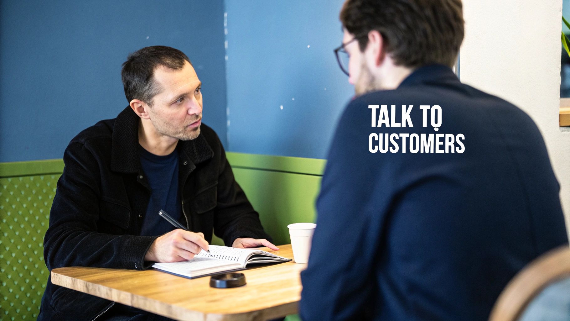 Two men discussing, one writing notes in a notebook, with "TALK TO CUSTOMERS" on the other's shirt.