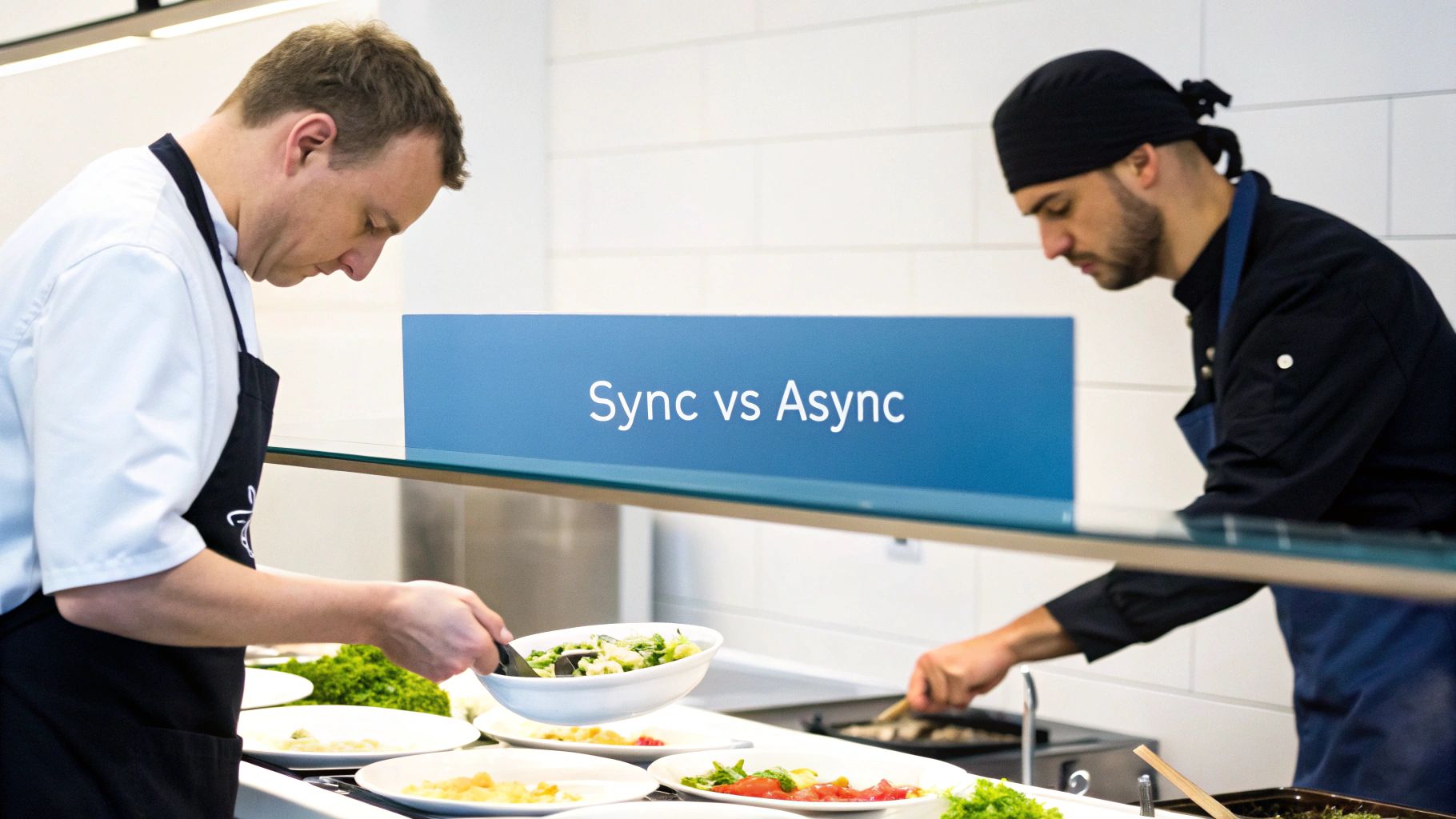 Two chefs in a kitchen preparing food, with a 'Sync vs Async' sign in the foreground.