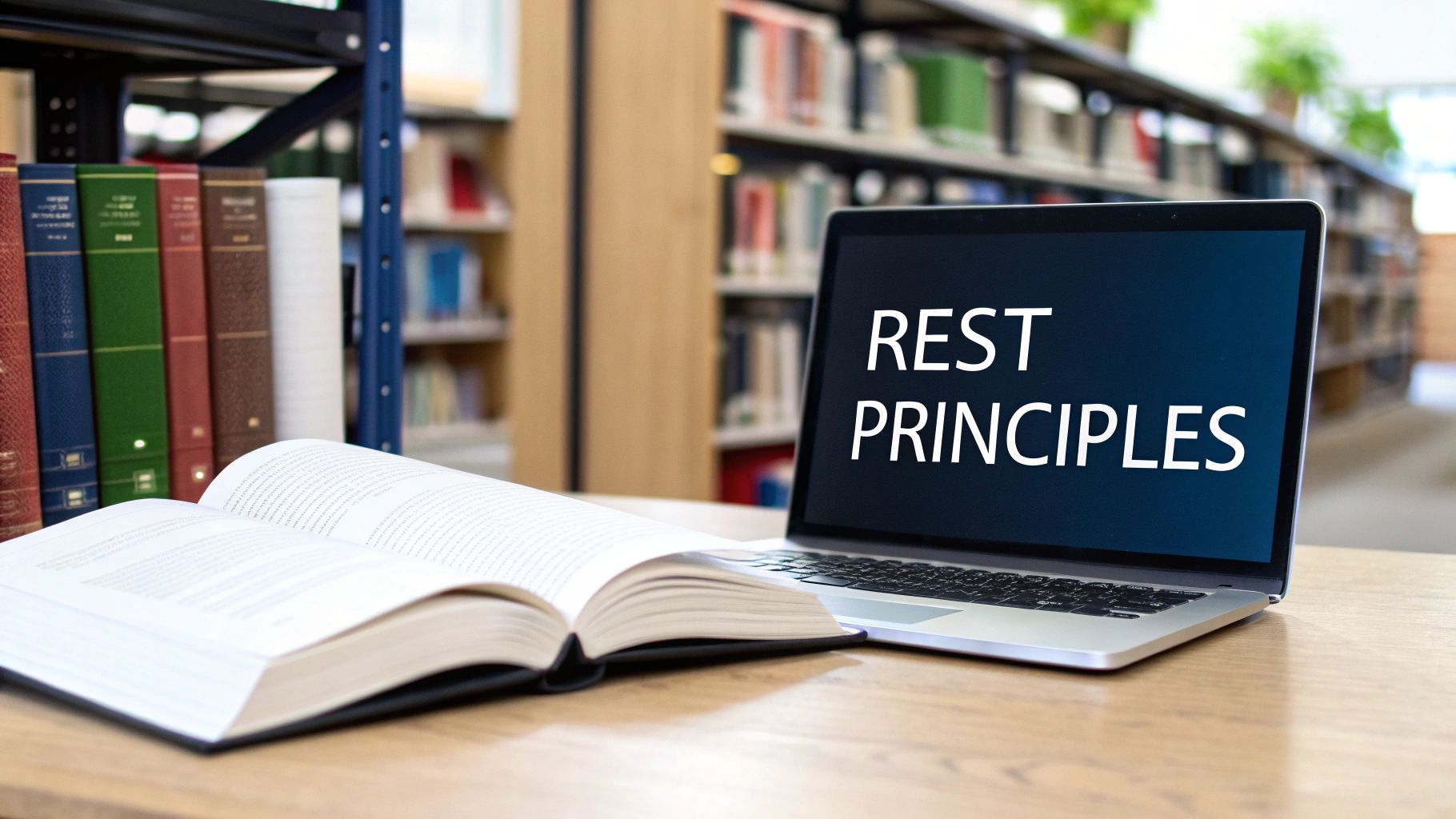 Open book and laptop displaying 'REST PRINCIPLES' on a desk in a university library.