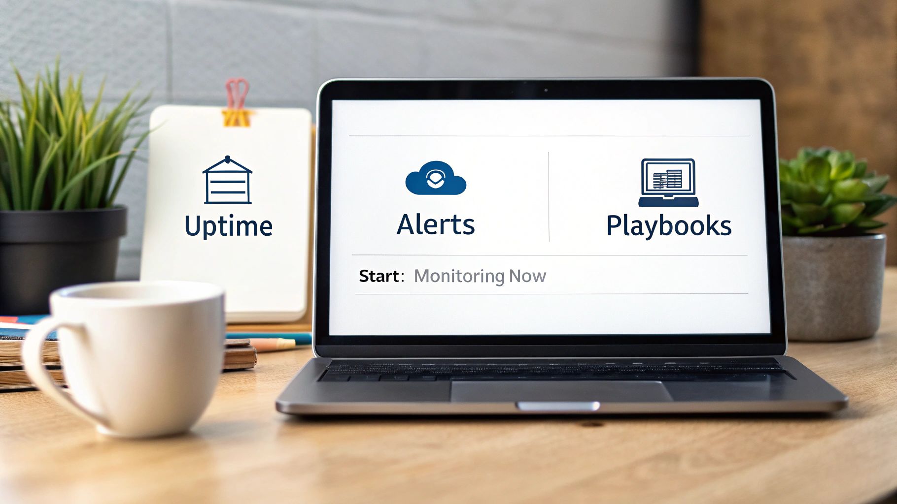 A laptop displays 'Alerts' and 'Playbooks' for 'Monitoring Now', next to an 'Uptime' notepad.