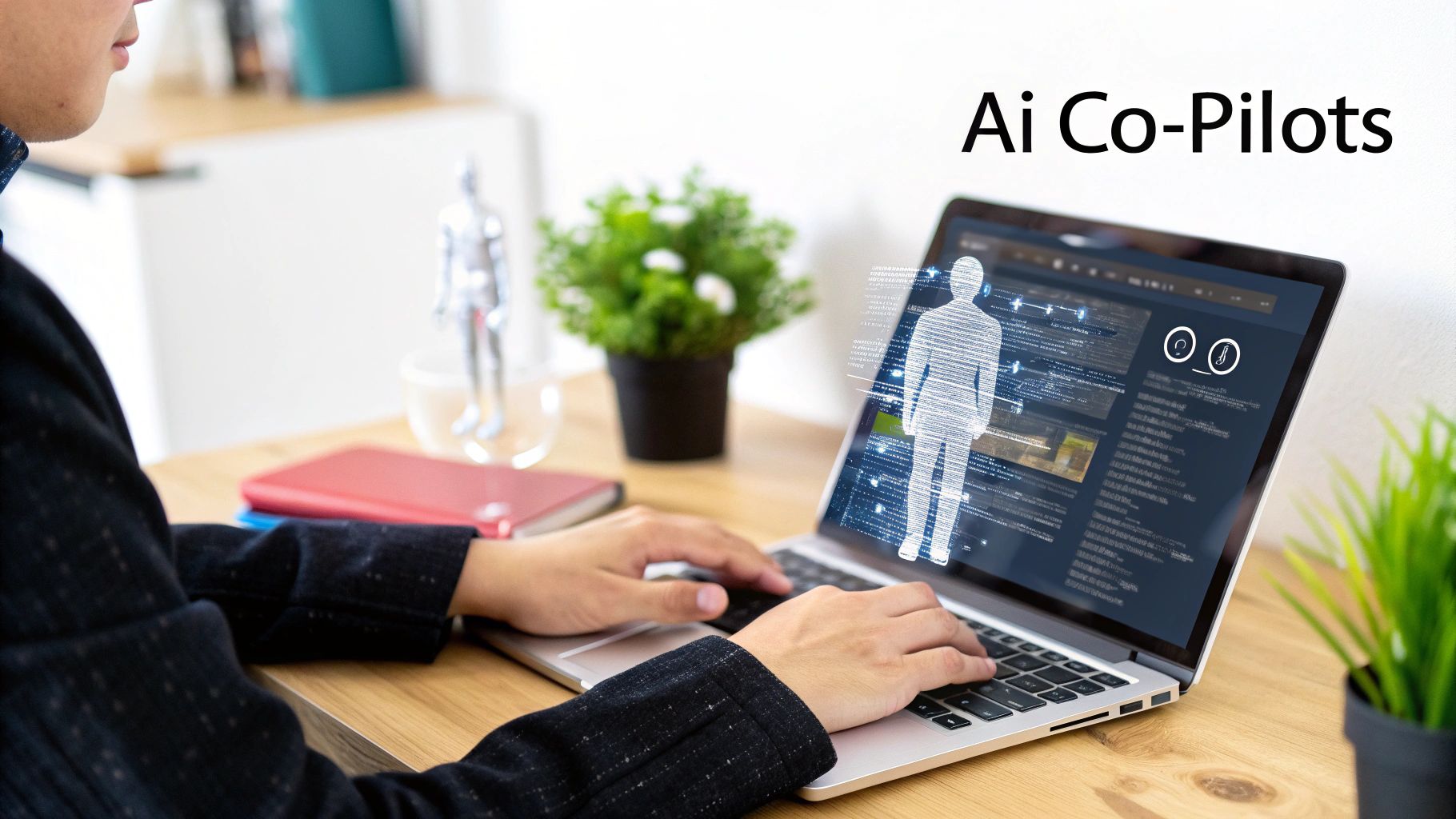 A person types on a laptop displaying an AI co-pilot interface with a digital human figure.