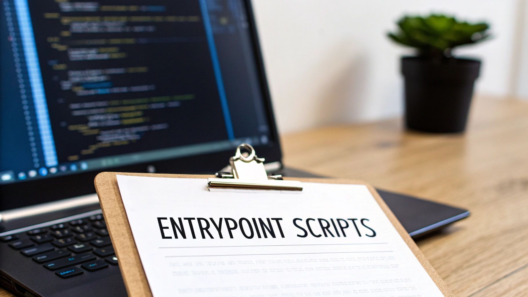 A clipboard with 'ENTRYPOINT SCRIPTS' text on a desk next to a laptop displaying code.