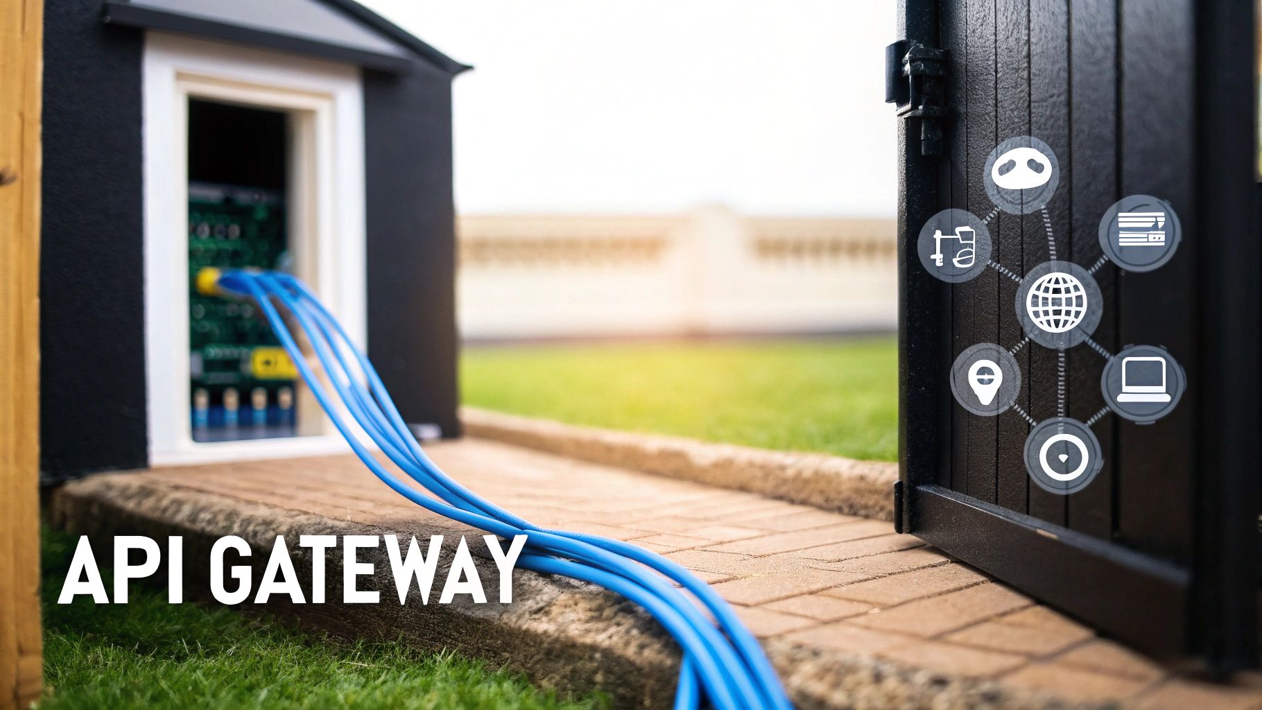 API Gateway illustration showing network connections, data flow, and various services with blue cables.