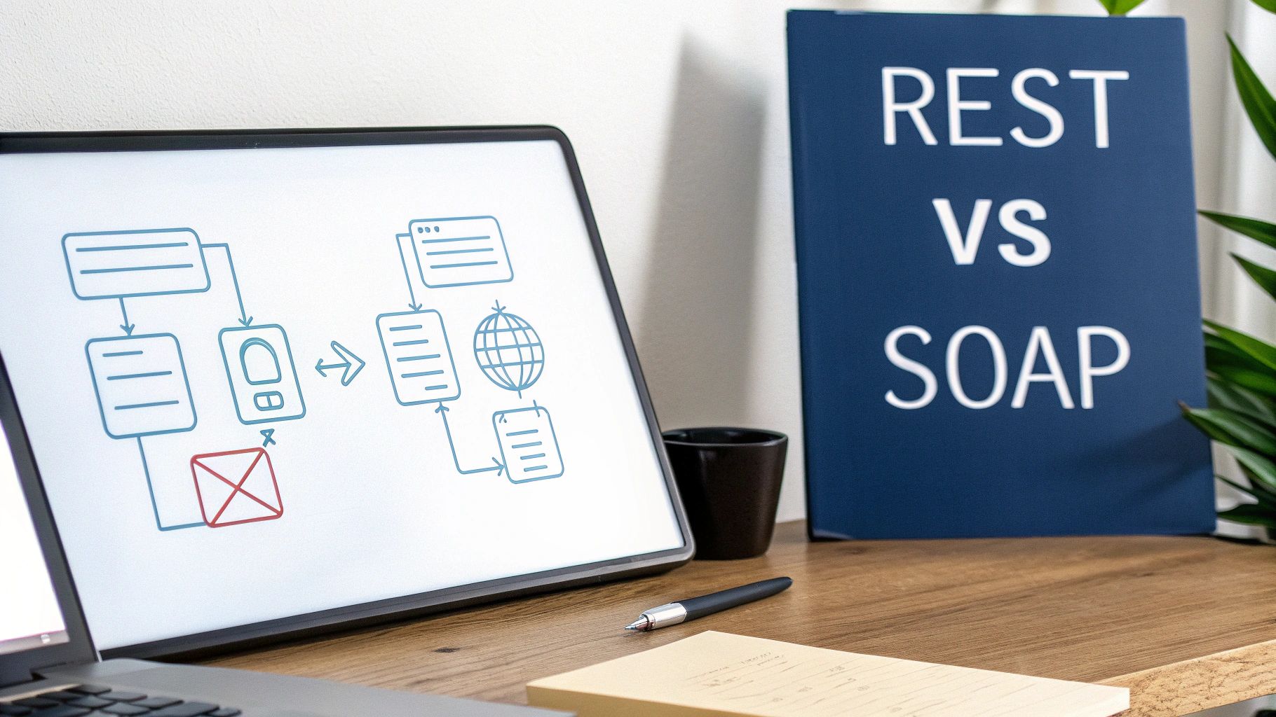 A desk setup featuring a laptop displaying a flowchart and a 'REST VS SOAP' book.