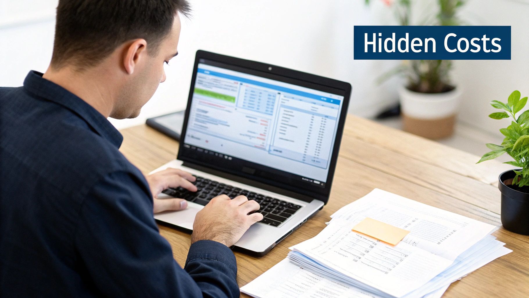 A man reviews financial data on a laptop, surrounded by documents, with 'Hidden Costs' highlighted.