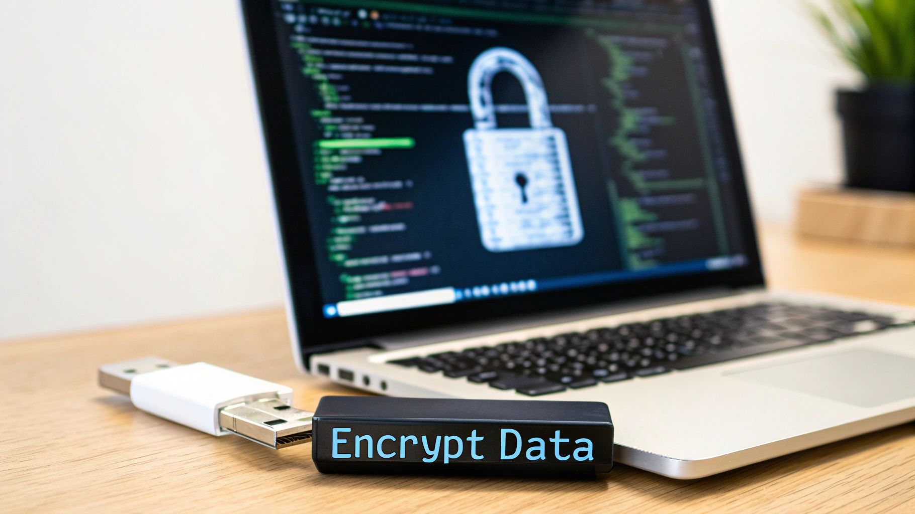 A laptop displaying a padlock and code, alongside a USB drive and an 'Encrypt Data' device on a wooden desk.