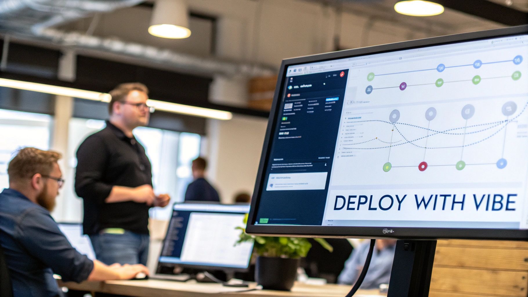 Software developers working in an office, with a monitor displaying a 'Deploy with Vibe' dashboard.