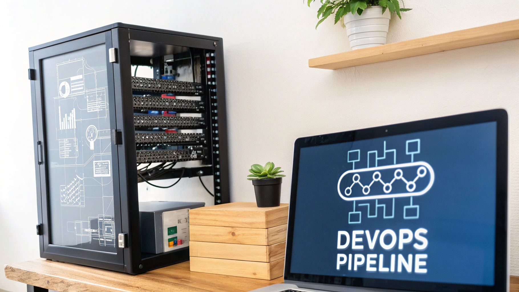 A server rack and a laptop displaying a 'DEVOPS PIPELINE' diagram in a modern office setup.