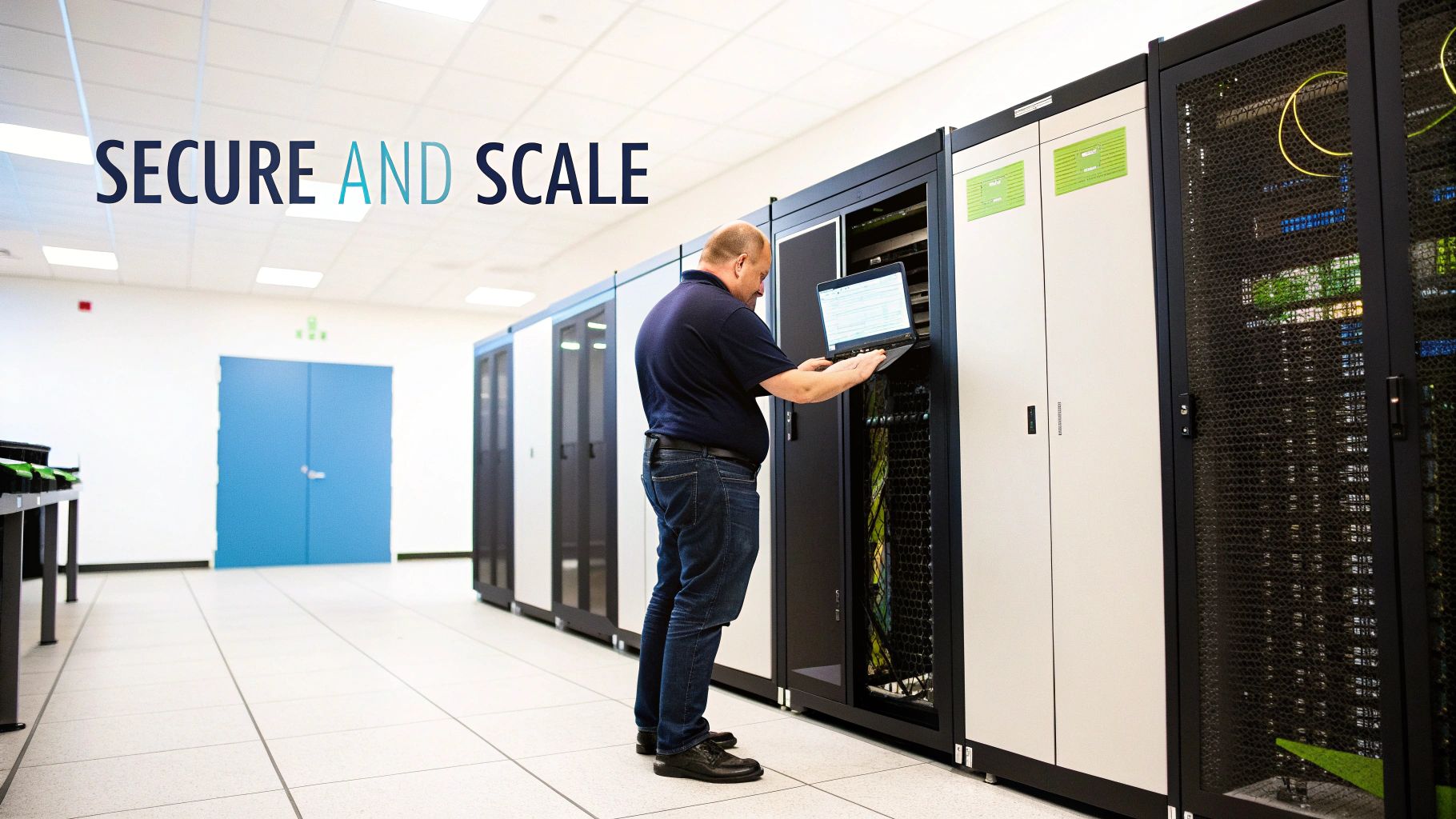 A technician works on a laptop in front of server racks in a modern data center, signifying secure and scalable IT infrastructure.