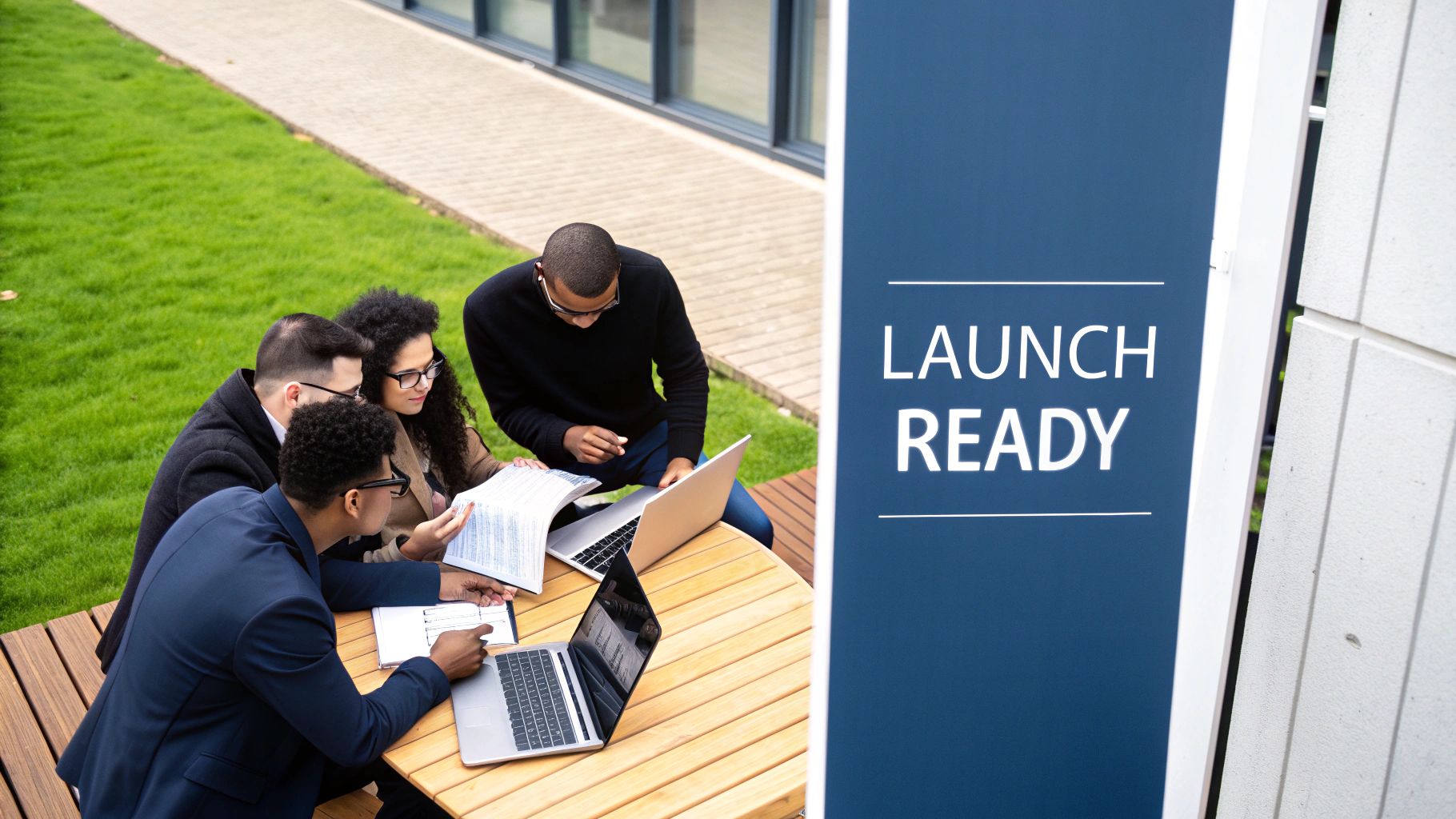 Four diverse professionals collaborate outdoors with laptops and documents, next to a 'LAUNCH READY' sign.