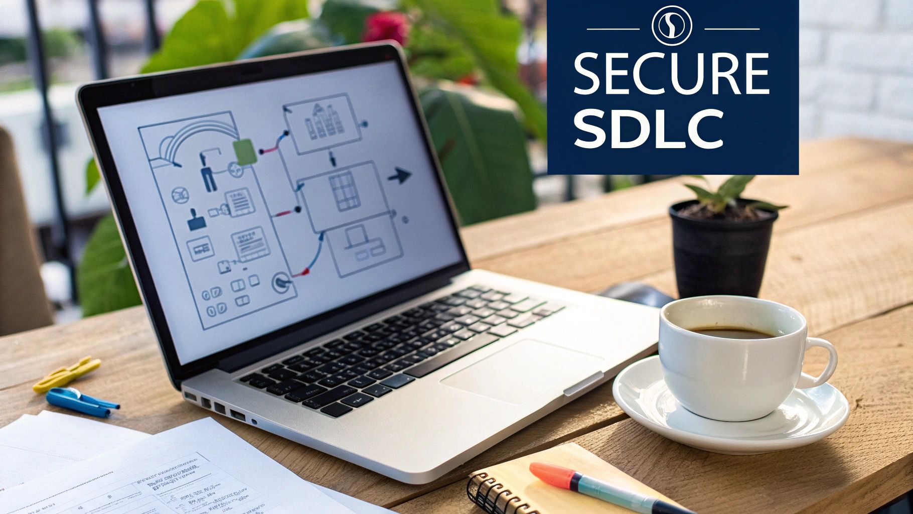 A laptop displaying a workflow diagram on a rustic wooden table with a coffee cup and 'SECURE SDLC' branding.