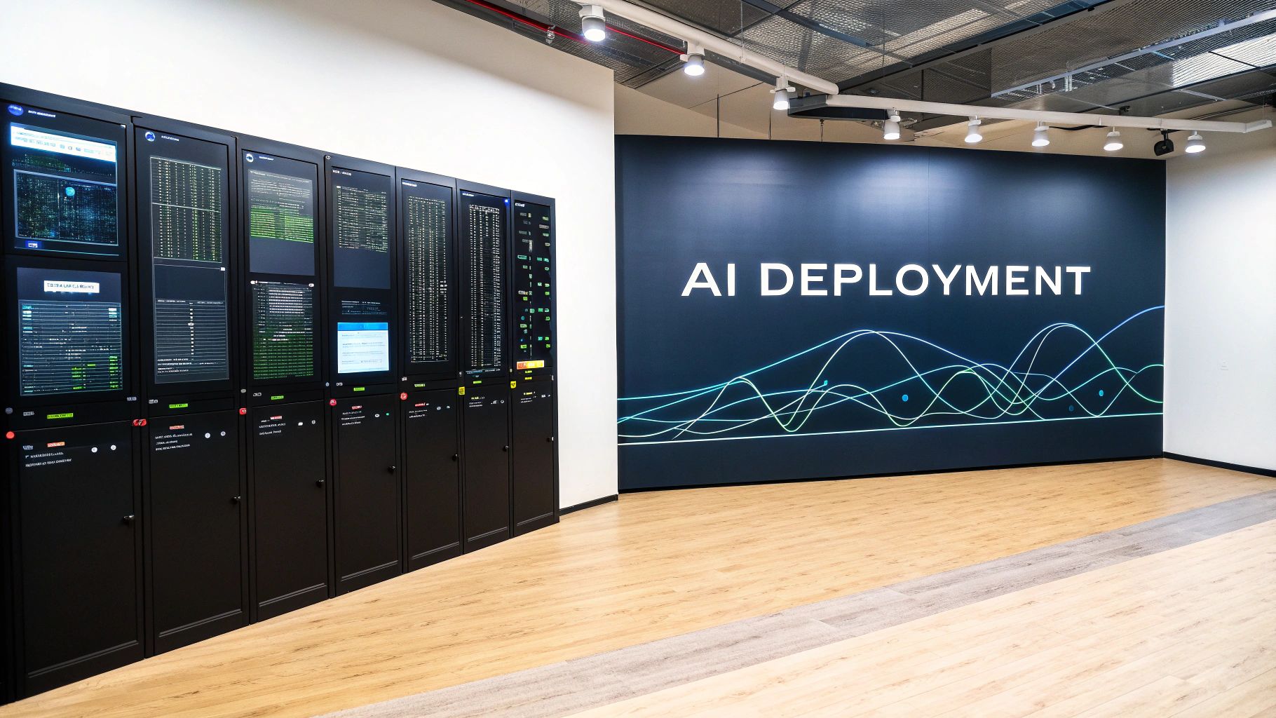 A modern data center room featuring server racks with glowing screens and an 'AI DEPLOYMENT' wall.