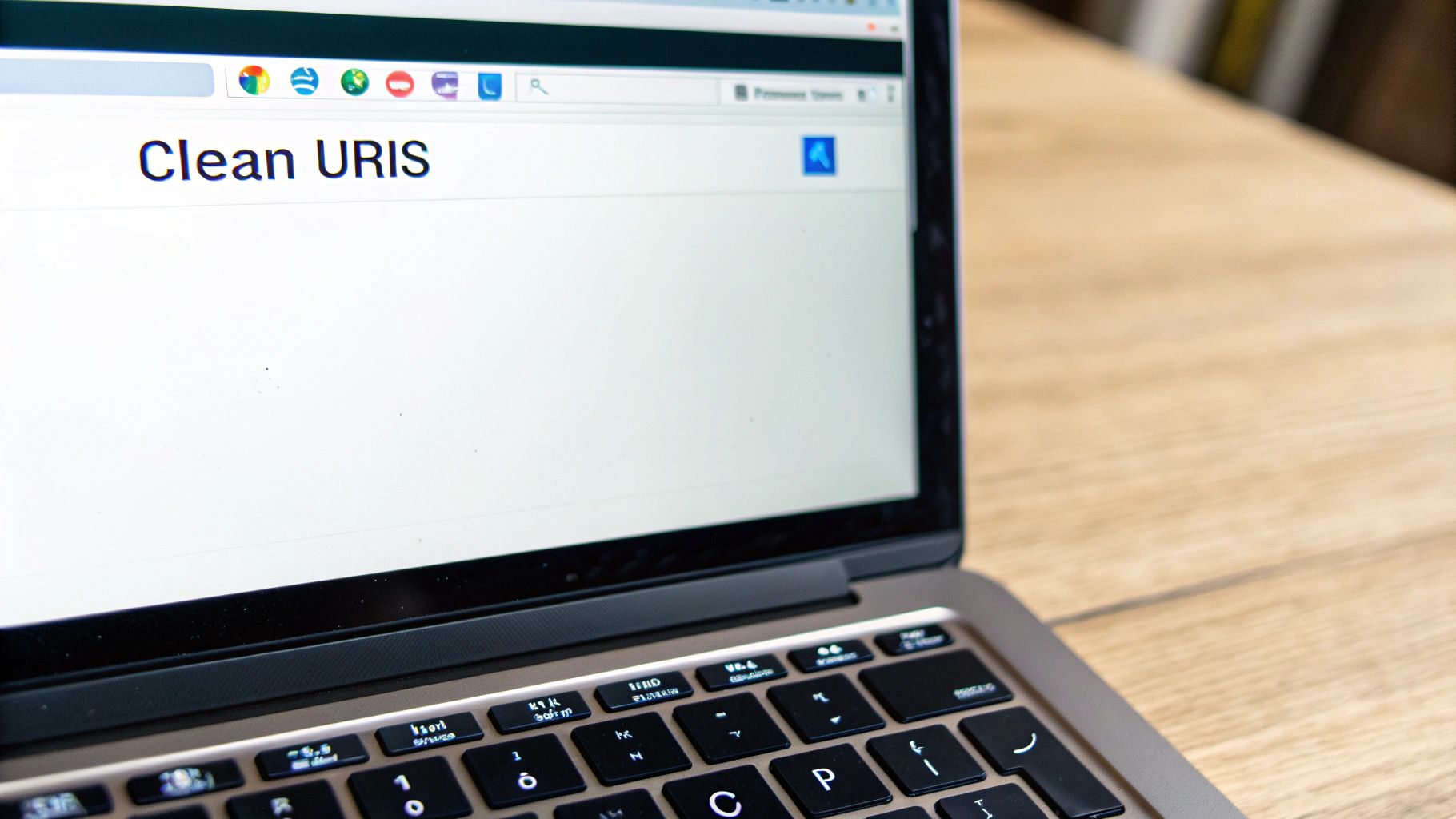 A laptop screen displays a web page titled 'Clean URIS', partially showing the keyboard.