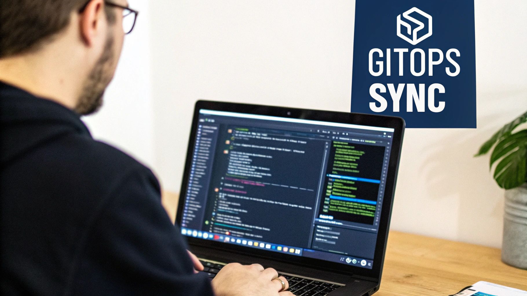 A developer coding on a laptop, with a GitOps Sync logo and a plant in the background.