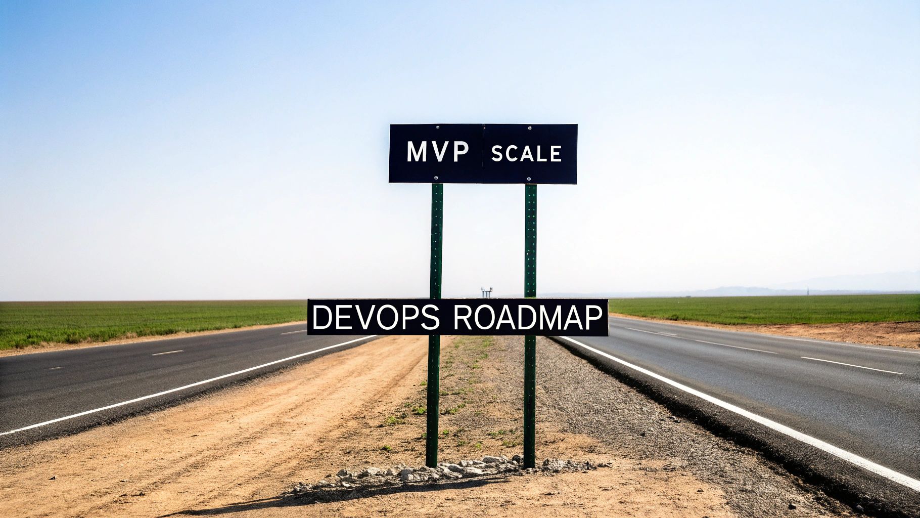 A highway sign in a flat landscape displaying 'MVP SCALE' and 'DEVOPS ROADMAP'.