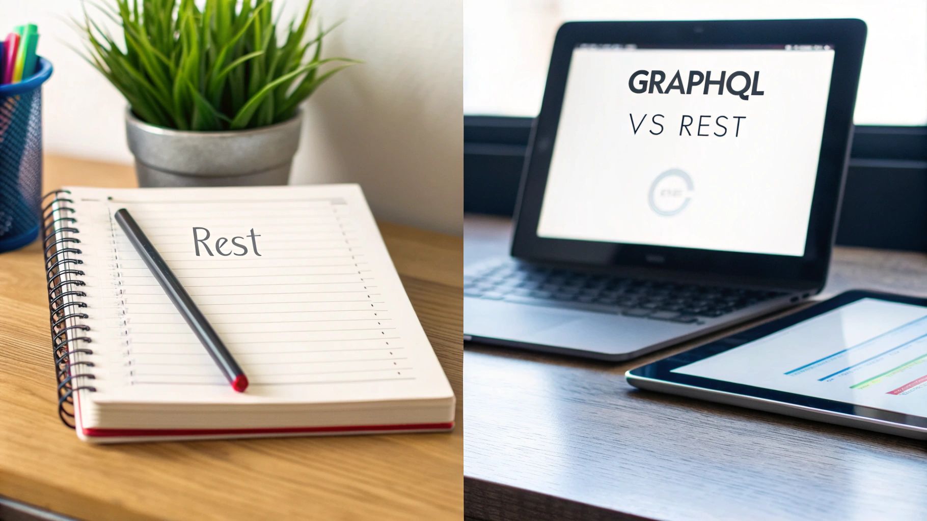 A split image comparing GraphQL vs Rest: a notebook titled 'Rest' and a laptop showing 'GraphQL VS Rest'.