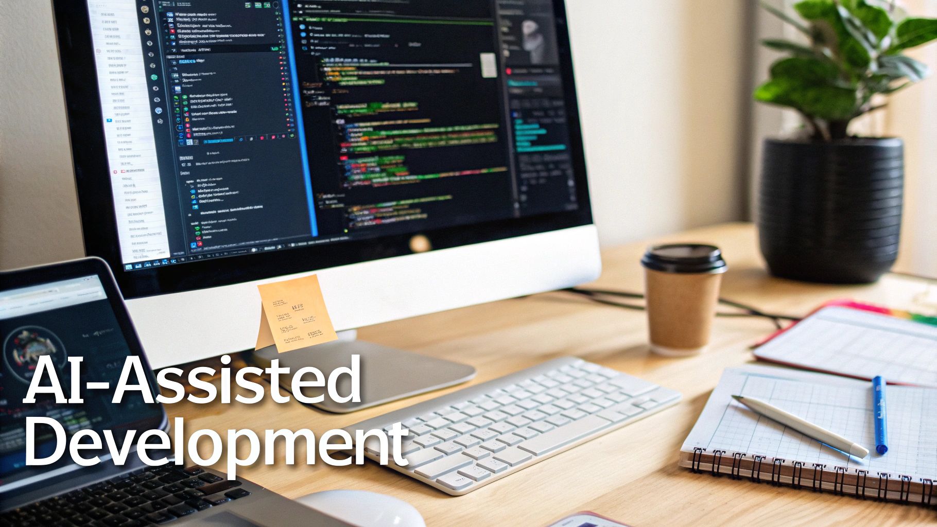 A desk setup with two computers displaying code, a keyboard, coffee, and notebooks, illustrating AI-assisted development.
