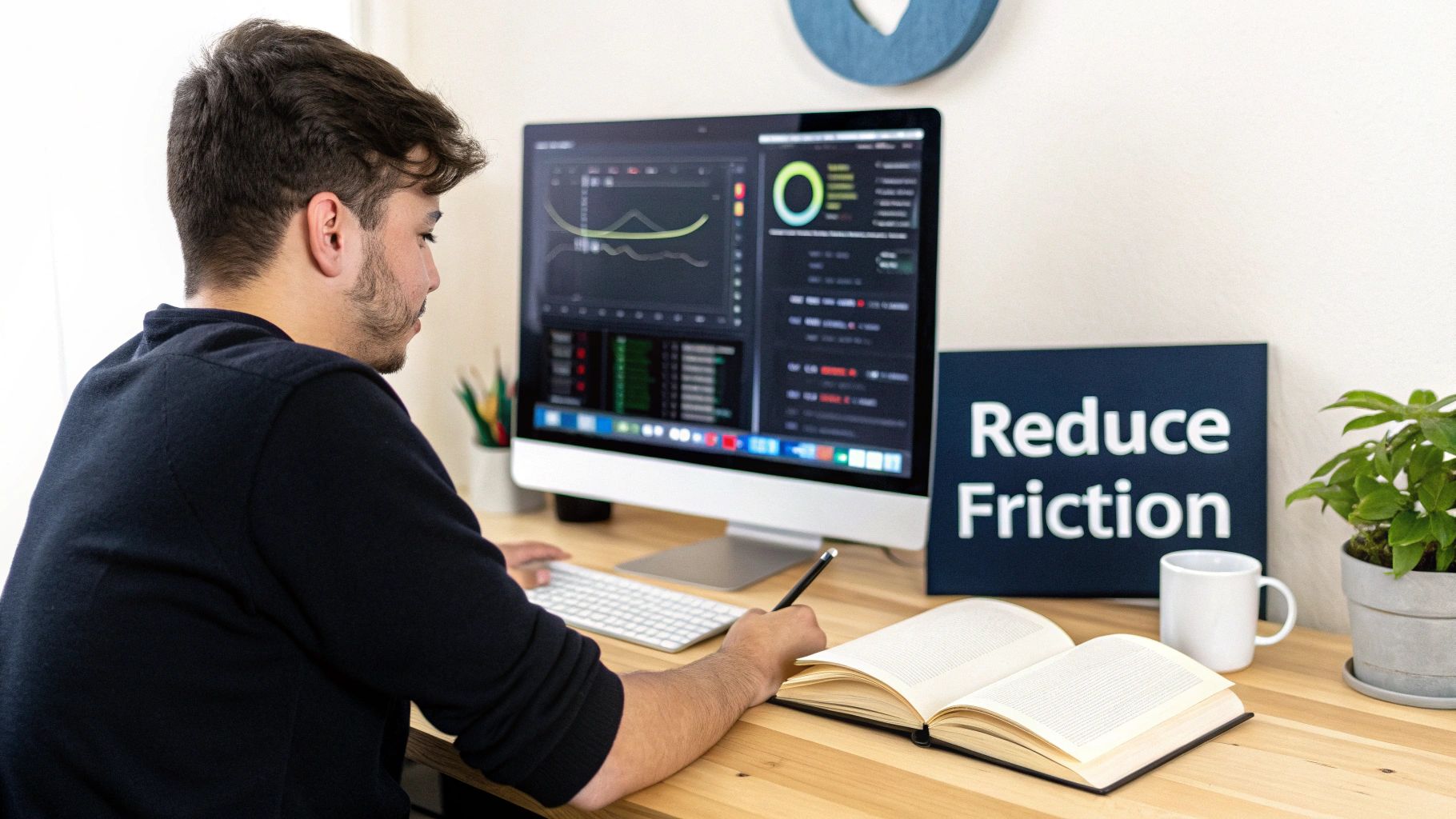 Young man working on a computer displaying data, with an open book and a 'Reduce Friction' sign on his desk.