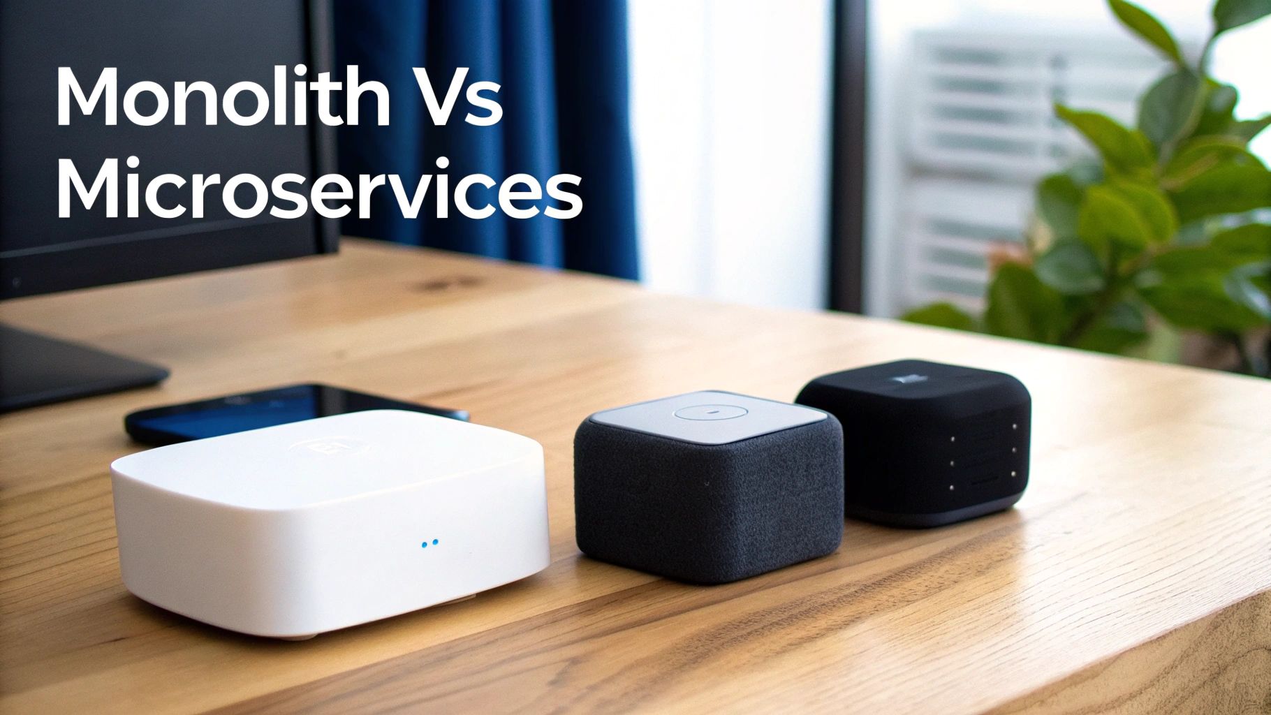 Desk with various tech devices and overlay text 'Monolith Vs Microservices'.