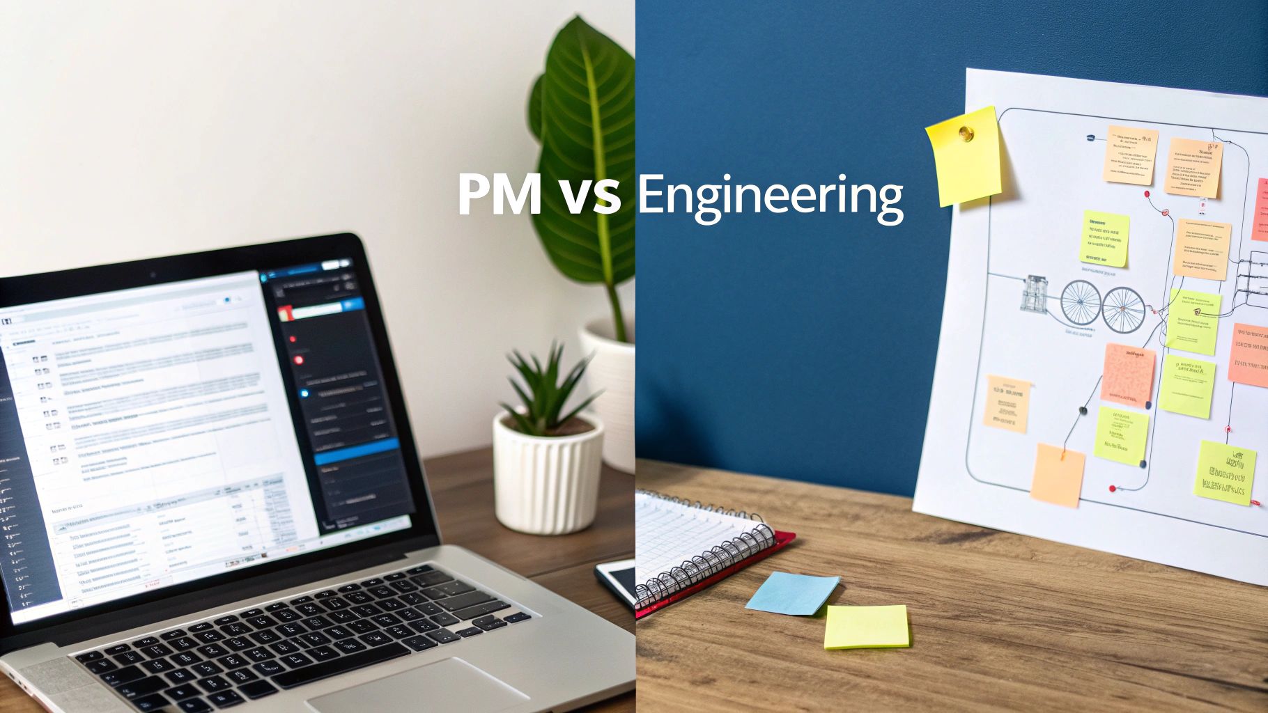 A split image contrasting a laptop with a diagram and sticky notes, representing PM vs Engineering roles.