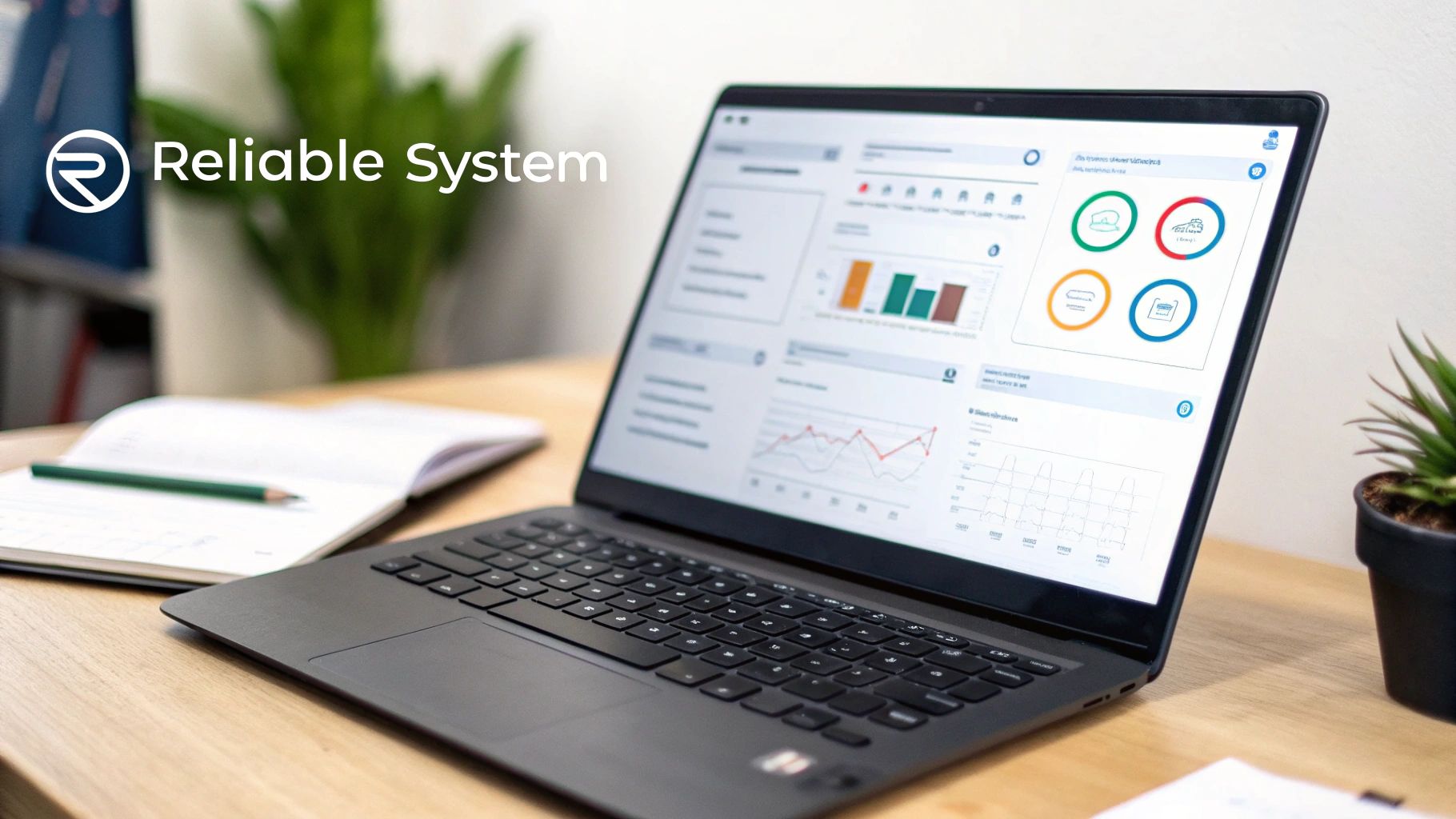 A laptop on a wooden desk displays a 'Reliable System' business dashboard with charts and graphs.
