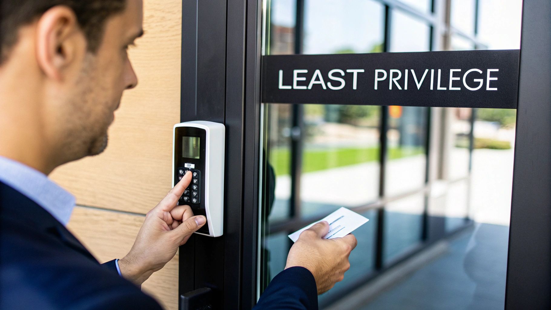 Man entering a security code and holding an access card at a door with "LEAST PRIVILEGE" text.