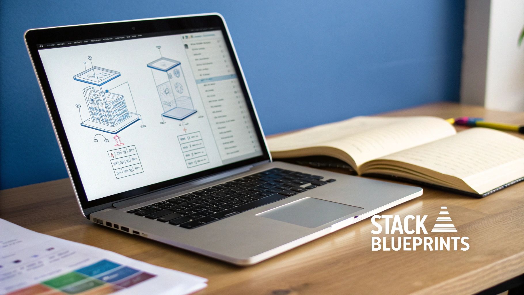 Laptop on a desk displaying technical blueprints, with an open book and papers nearby.