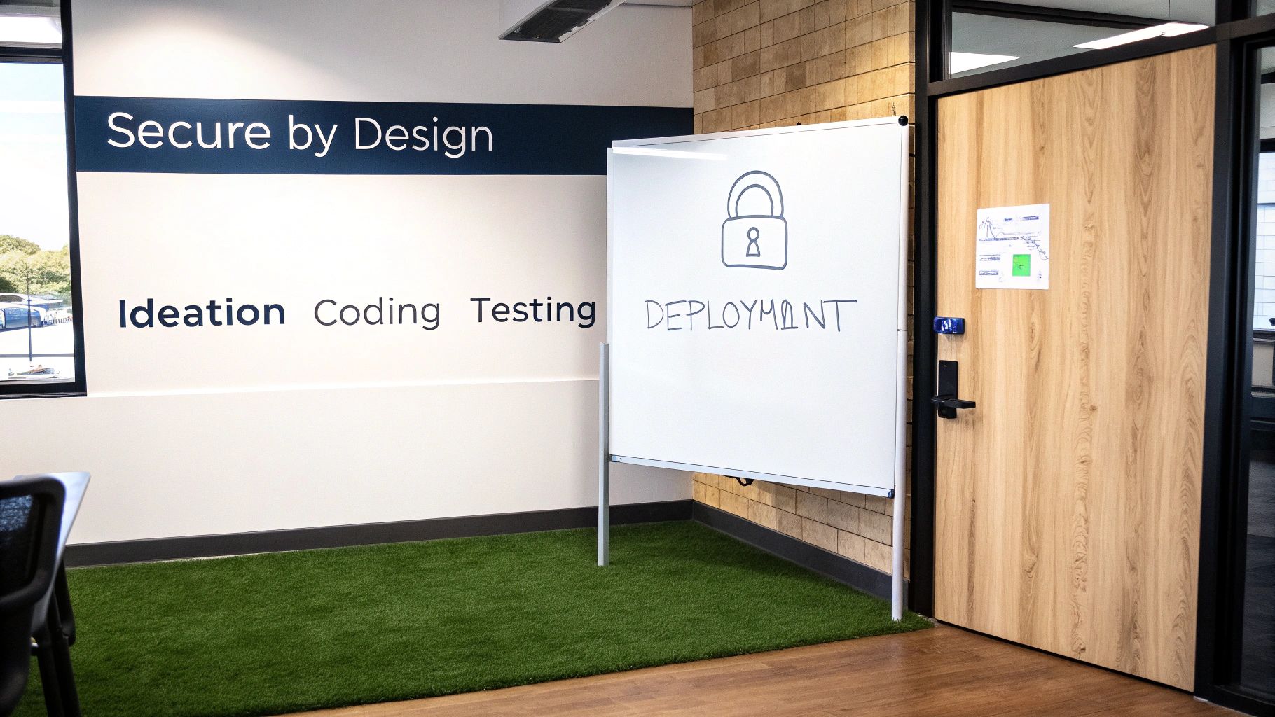 An office wall with 'Secure by Design' and 'Ideation Coding Testing' beside a whiteboard showing 'Deployment' and a padlock.