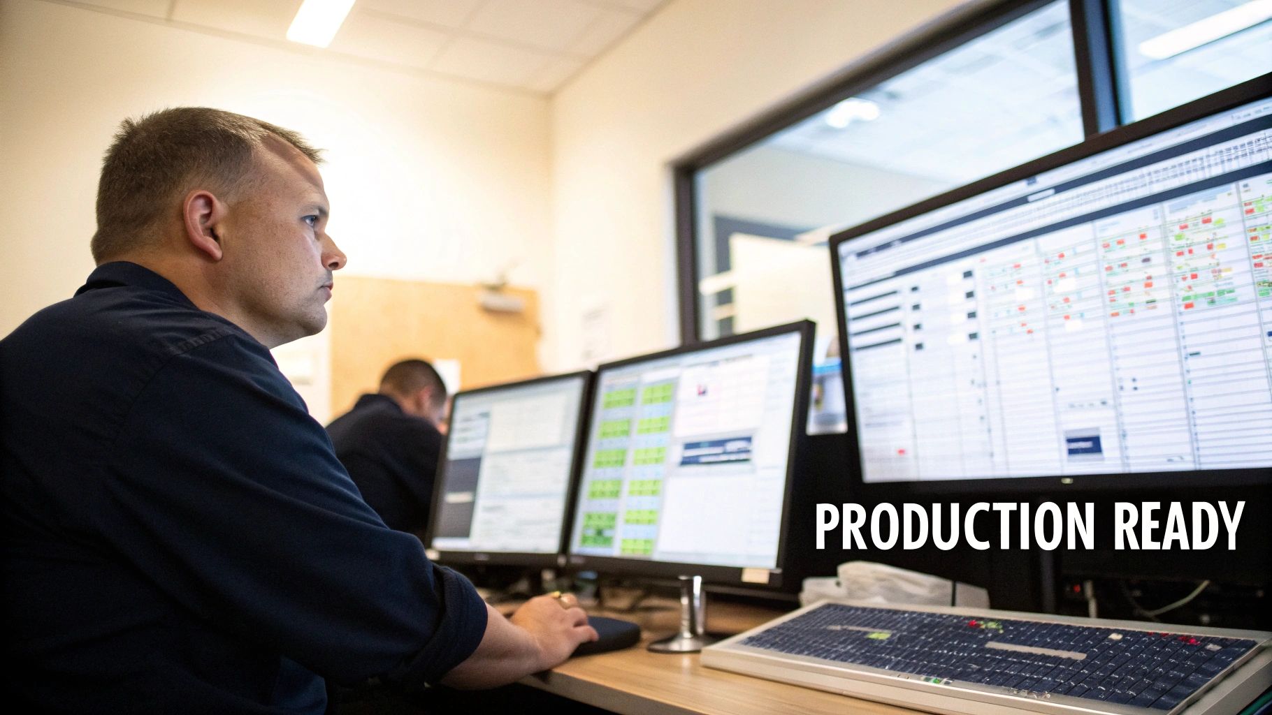 A man in a dark blue shirt views multiple computer monitors displaying production data.