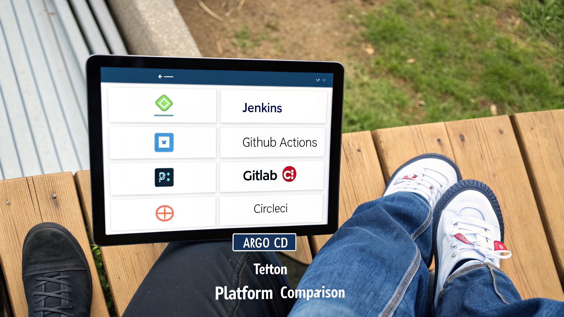 Overhead view of a tablet displaying a CI/CD platform comparison, including Jenkins, GitHub Actions, and GitLab CI, held outdoors.