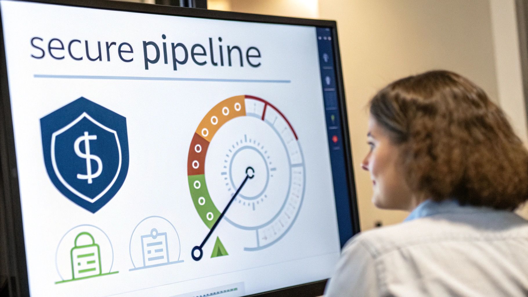 A woman views a computer screen displaying a secure pipeline dashboard with security icons and a gauge.