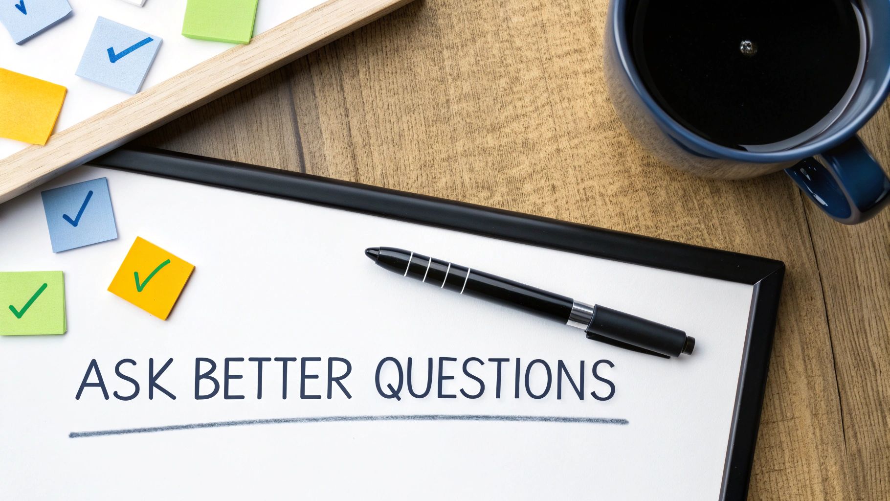 Whiteboard with 'ASK BETTER QUESTIONS' text, a pen, colorful sticky notes with checkmarks, and a blue coffee mug on a wooden desk.