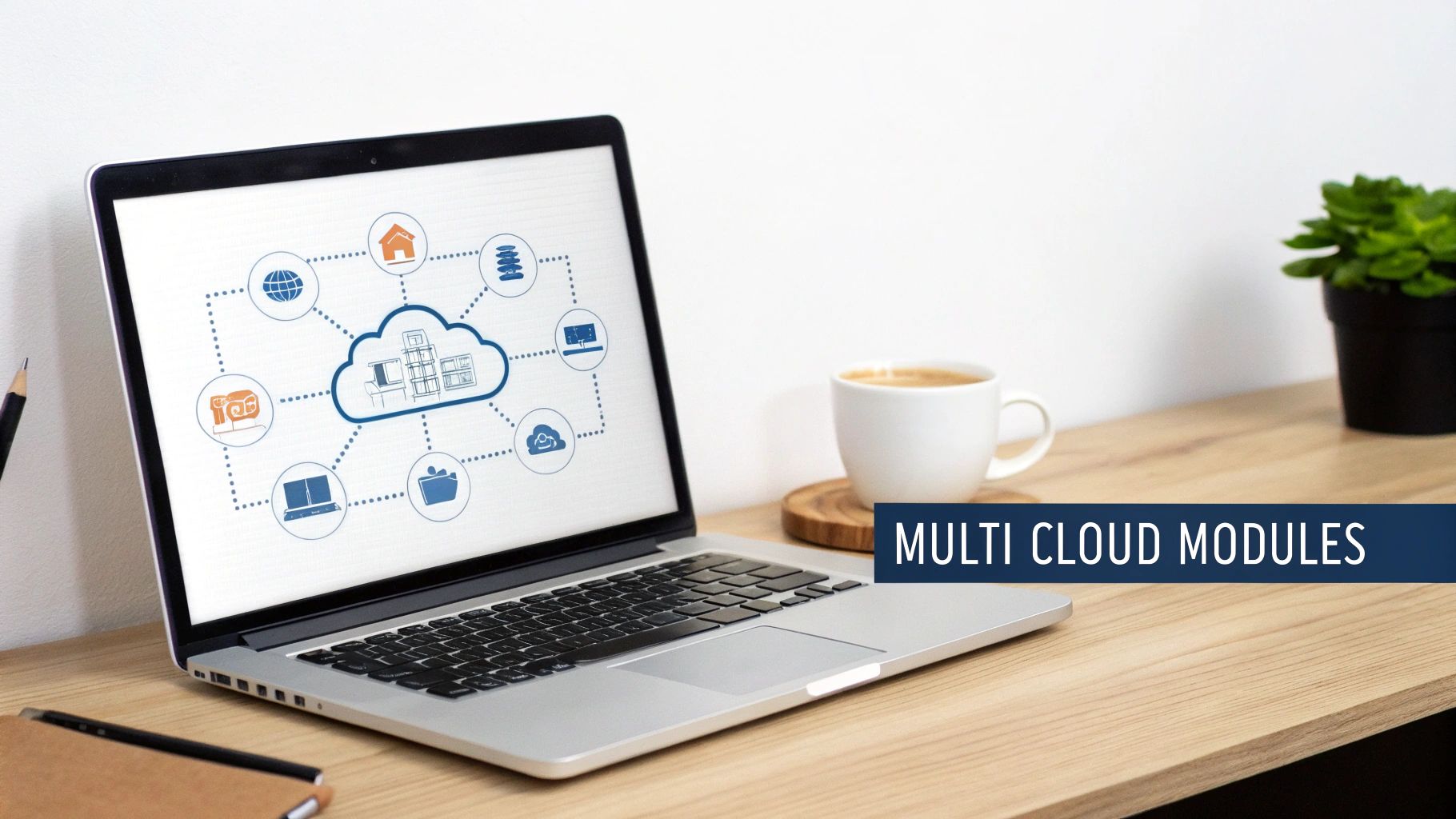 Laptop displaying a multi-cloud infrastructure diagram with various connected services on a wooden desk.