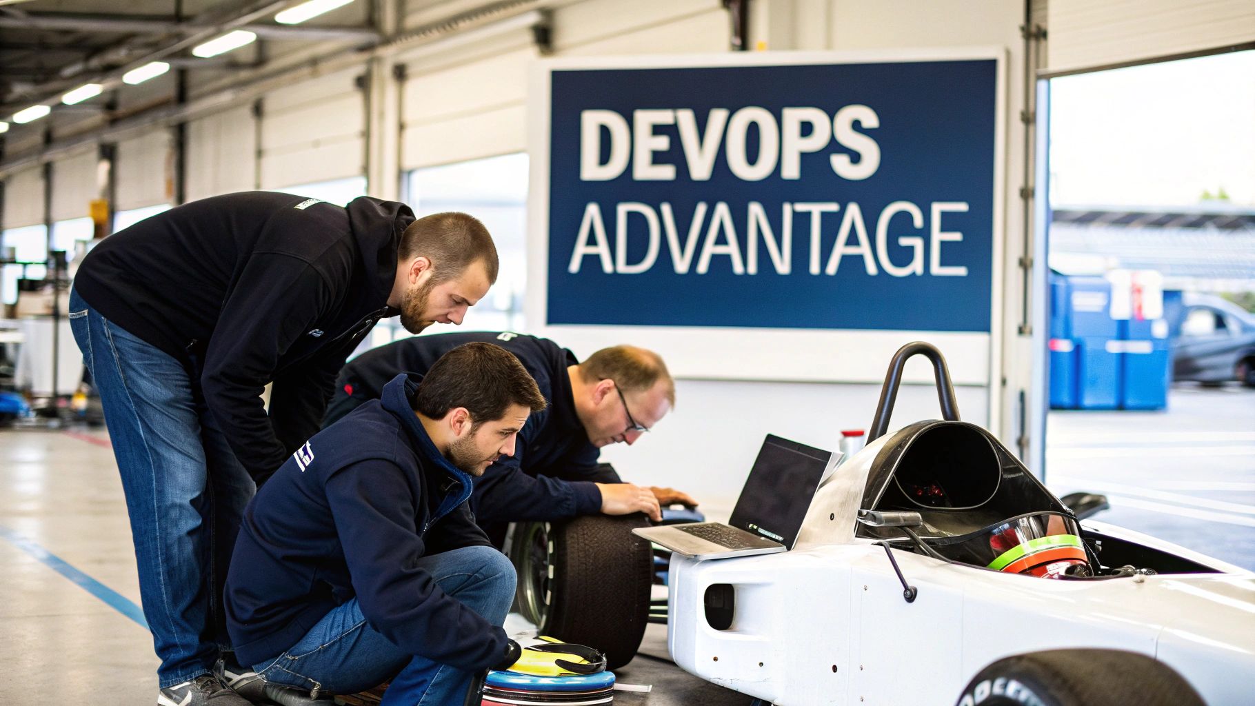 Three men collaborate on a white race car with a laptop in a garage, under a DevOps Advantage sign.