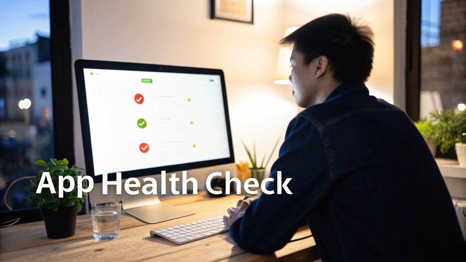 A user analyzes an app health check dashboard on a monitor, displaying status indicators.
