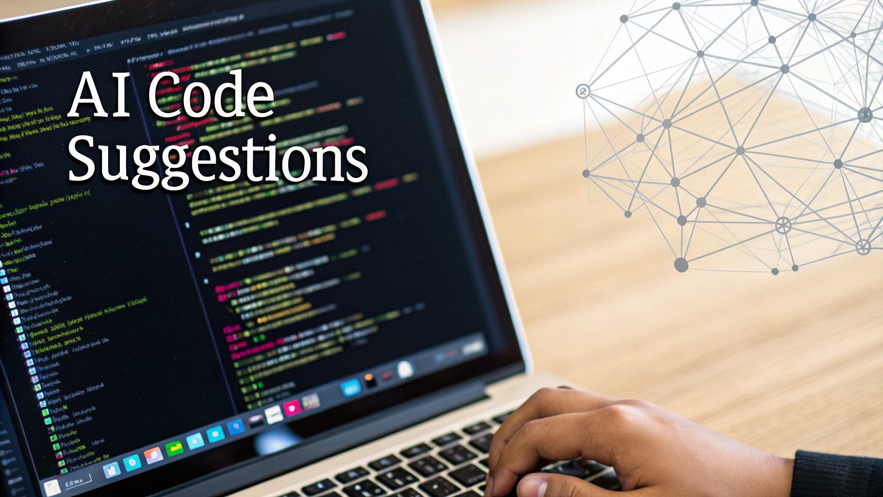 A person typing on a laptop screen displaying AI code suggestions and programming code.