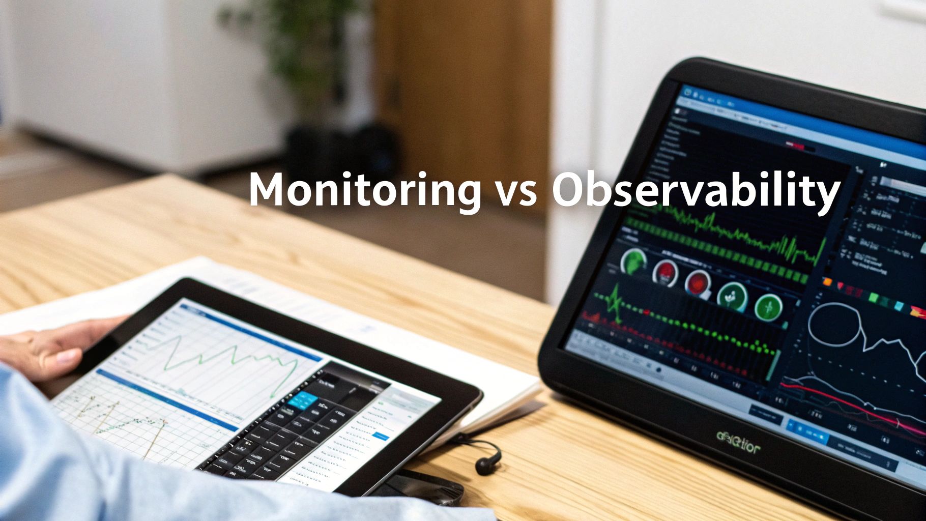 A person analyzing data on a tablet and a monitor, with text 'Monitoring vs Observability'.