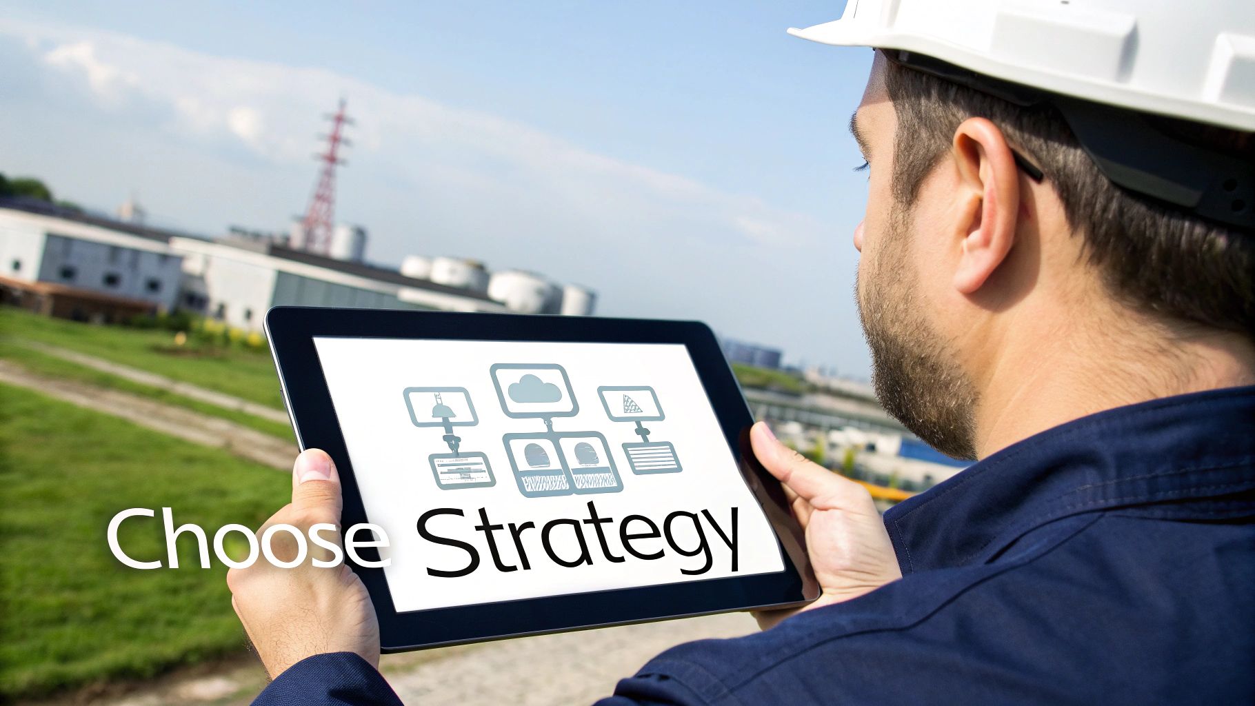 An engineer in a hard hat holds a tablet displaying a strategic diagram with 'Choose Strategy' text at an industrial site.