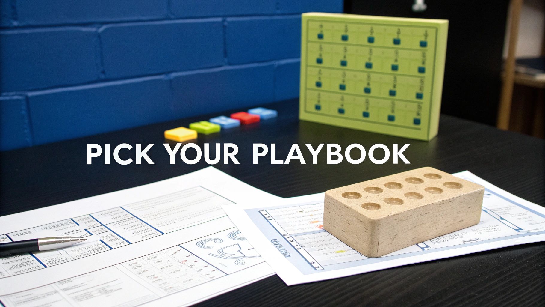 A desk with documents, a pen, colorful blocks, a board game, and a wooden piece. Text: PICK YOUR PLAYBOOK.