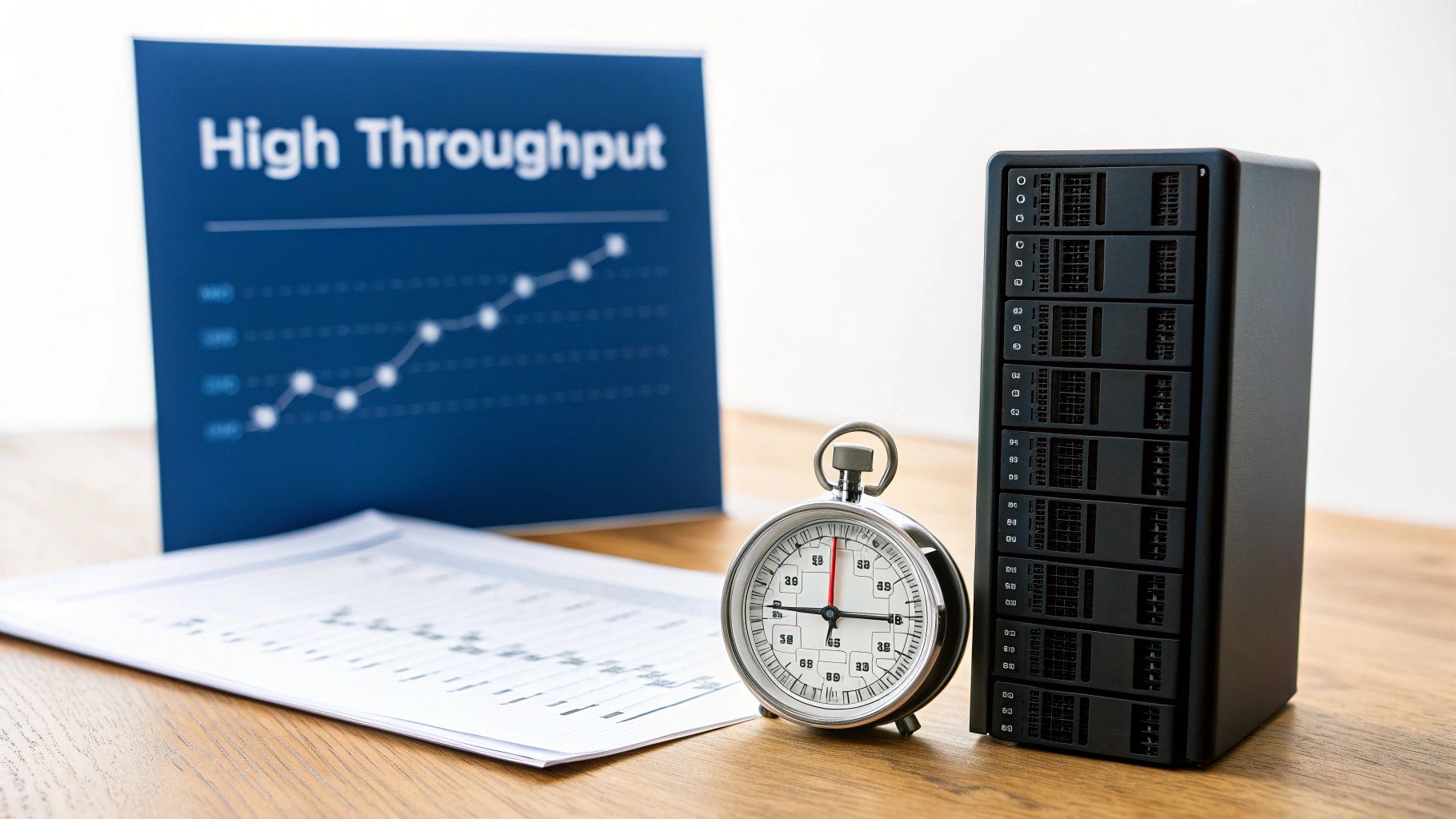 A stopwatch, black server, and 'High Throughput' graph on a desk symbolize data performance.