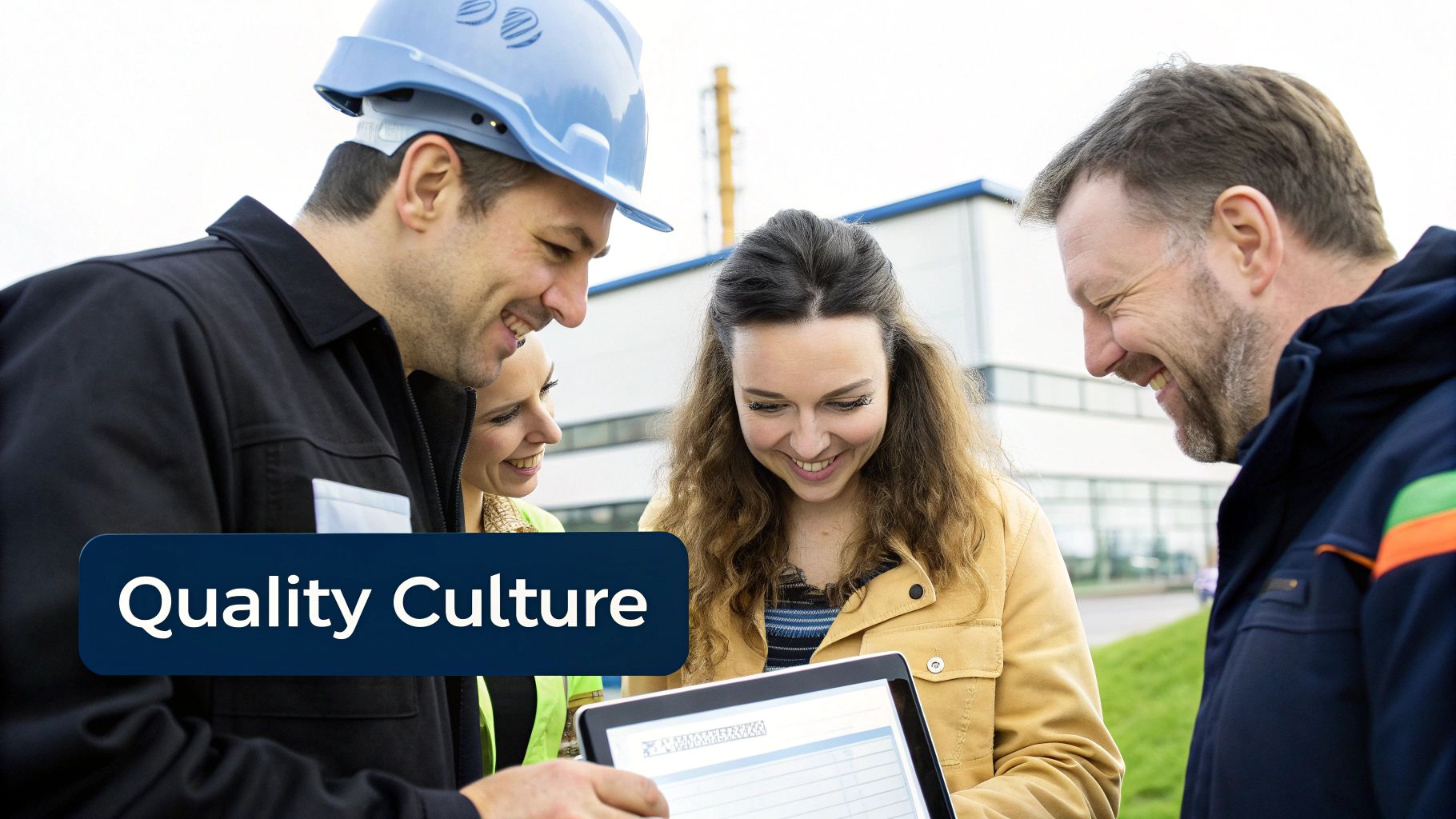 Diverse team of four smiling colleagues collaboratively reviewing data on a tablet at a worksite.