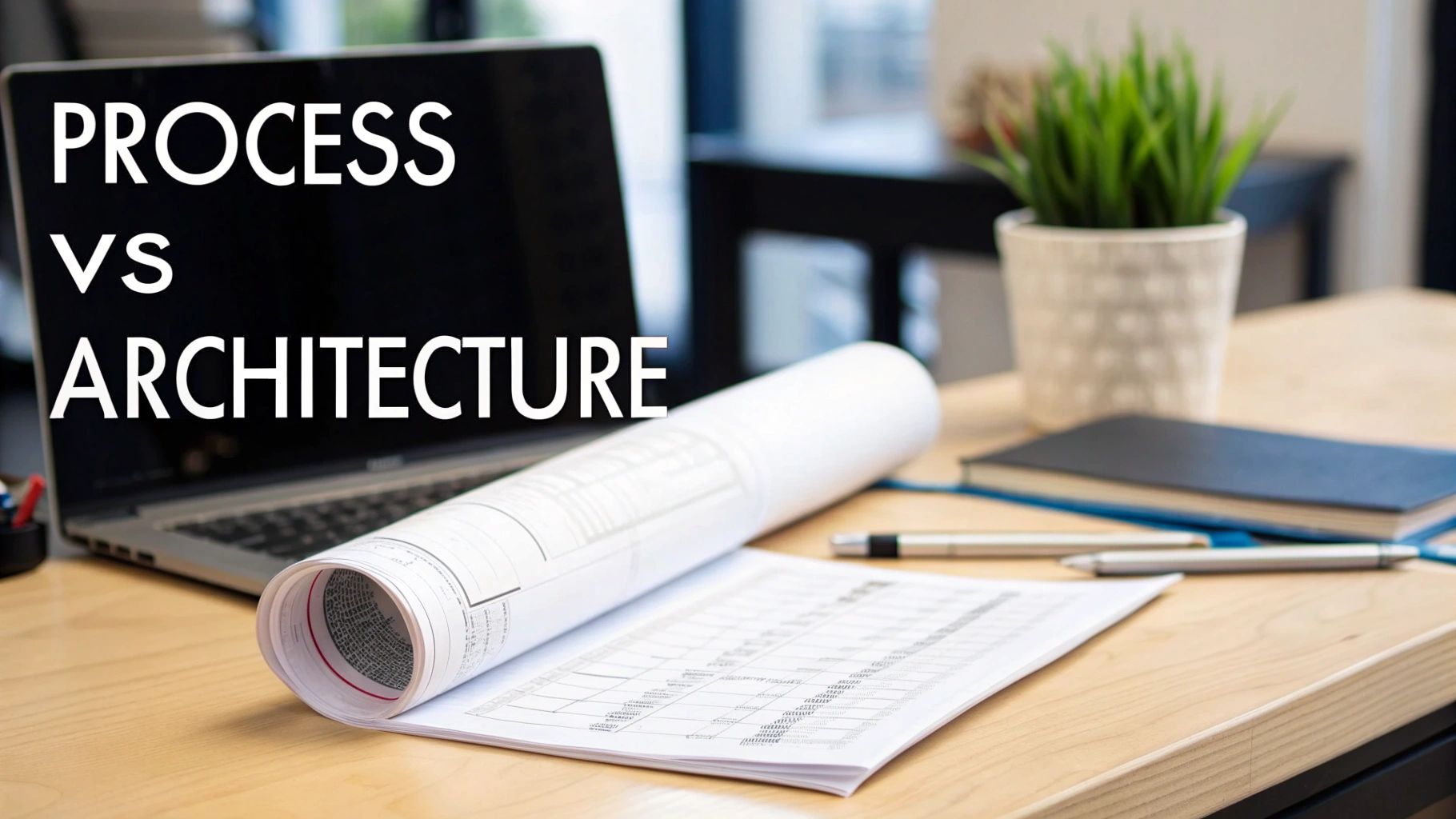 A laptop displaying 'PROCESS VS ARCHITECTURE' on a desk with blueprints, pens, and a plant.