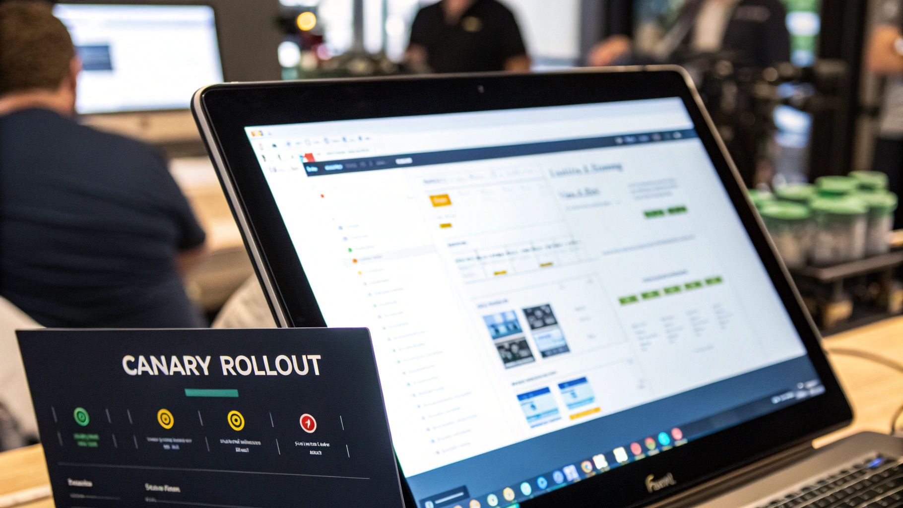 A laptop screen shows a software dashboard next to a 'CANARY ROLLOUT' sign indicating project progress.